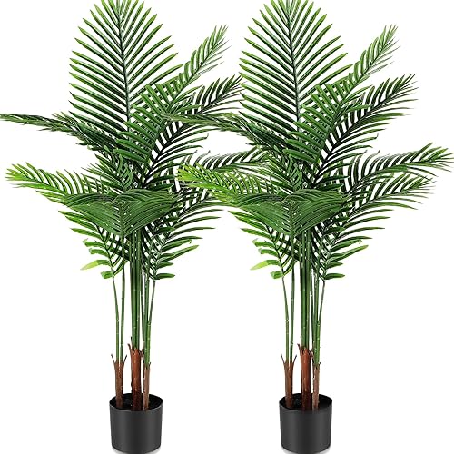 Jexine Paquete de 2 palmeras artificiales de areca artificial, planta sintética para decoración del hogar, interior y exterior, palmera de areca