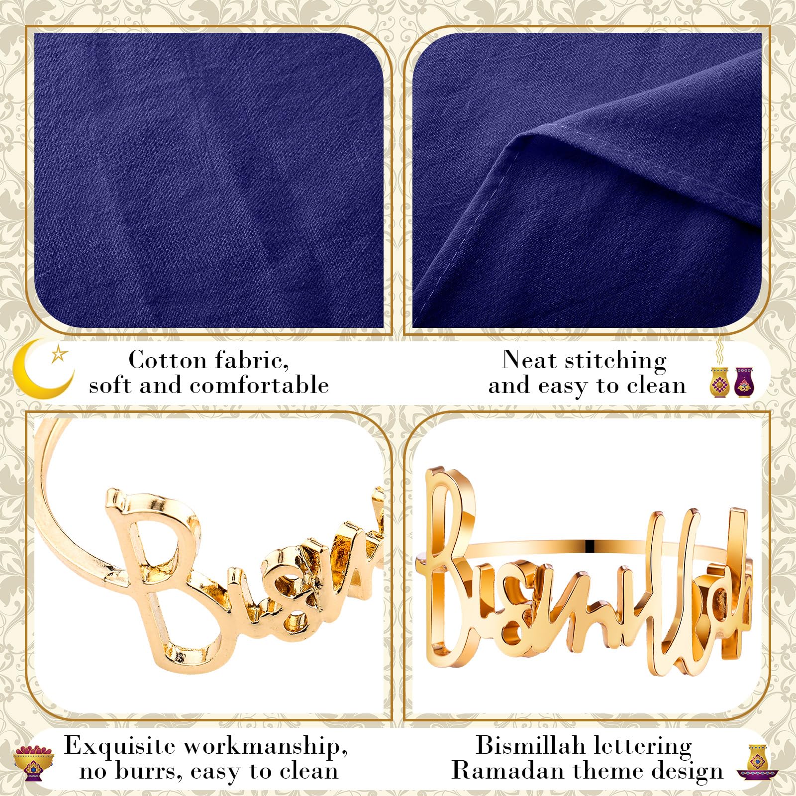 Juego de 6 servilleteros dorados y servilletas de algodón con letras de Bismillah, servilletas de metal, servilletas de tela de cena Eid, decoración de mesa musulmana para fiesta de