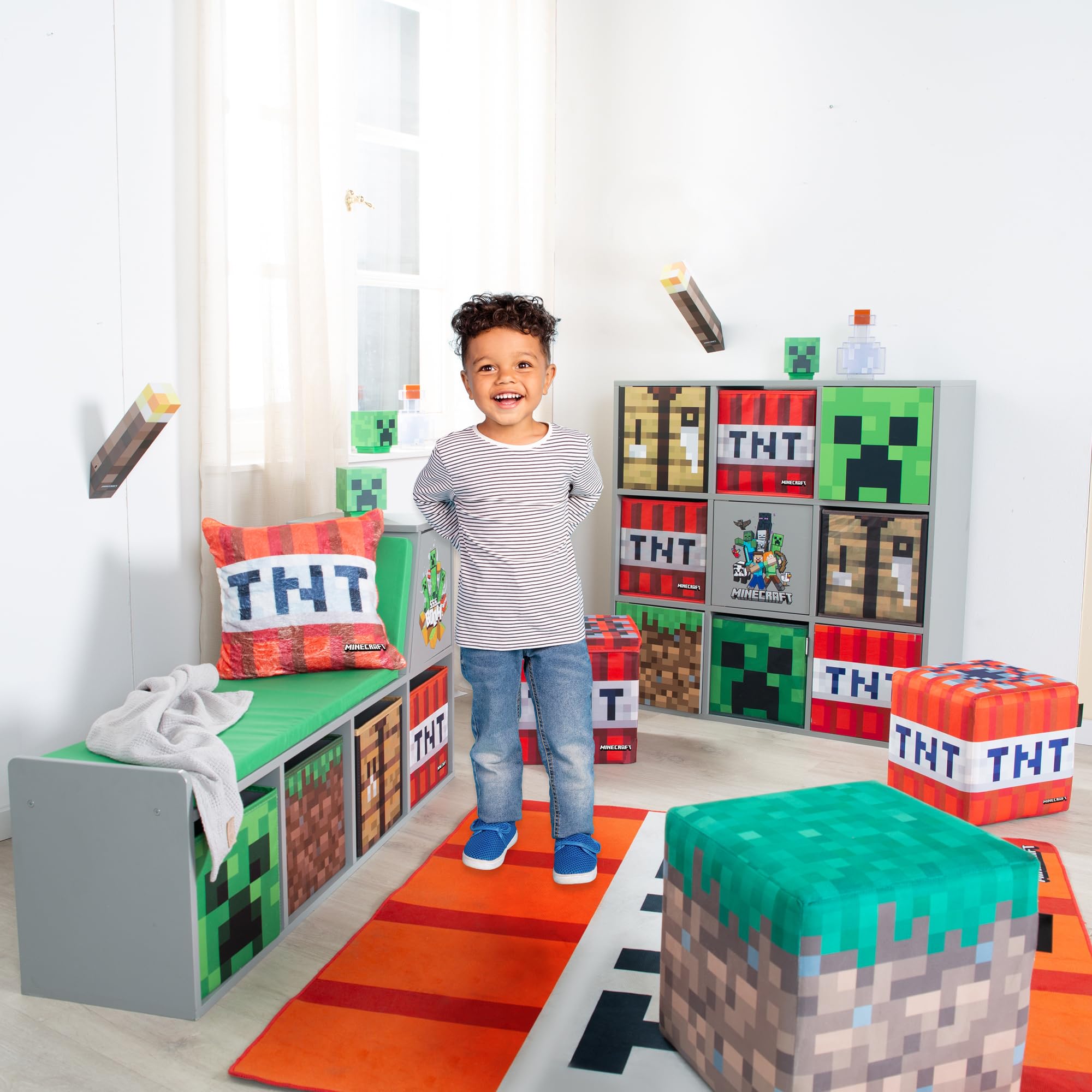 Minecraft - Sitzhocker im 2er Set, gepolstert, Grasblock und TNT Würfel