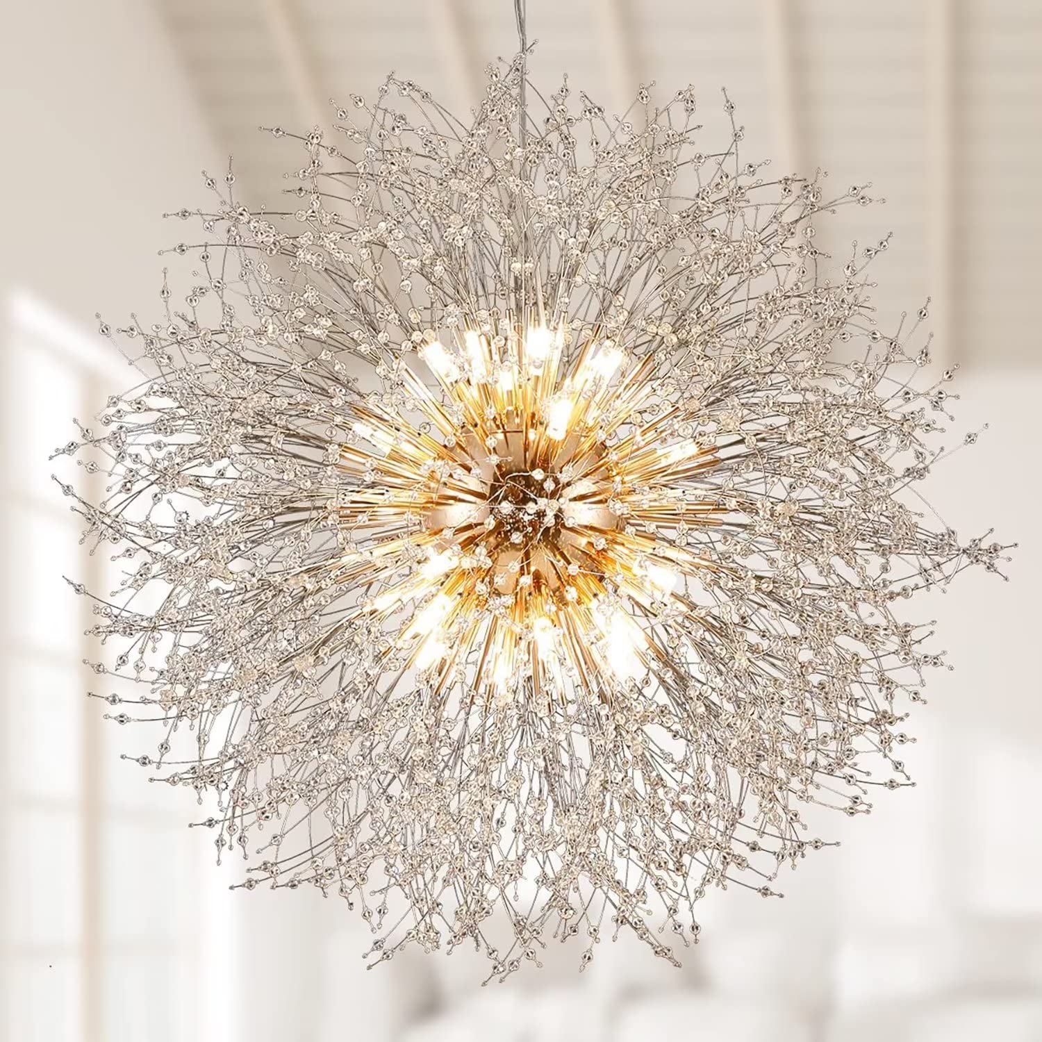SYAXVOM 31.5" Modern Dandelion Gold Chandelier - Plus Size 16-Light Crystal Beaded Light Fixture for Kitchen Island Bedroom Farmhouse Foyer Lighting Décor
