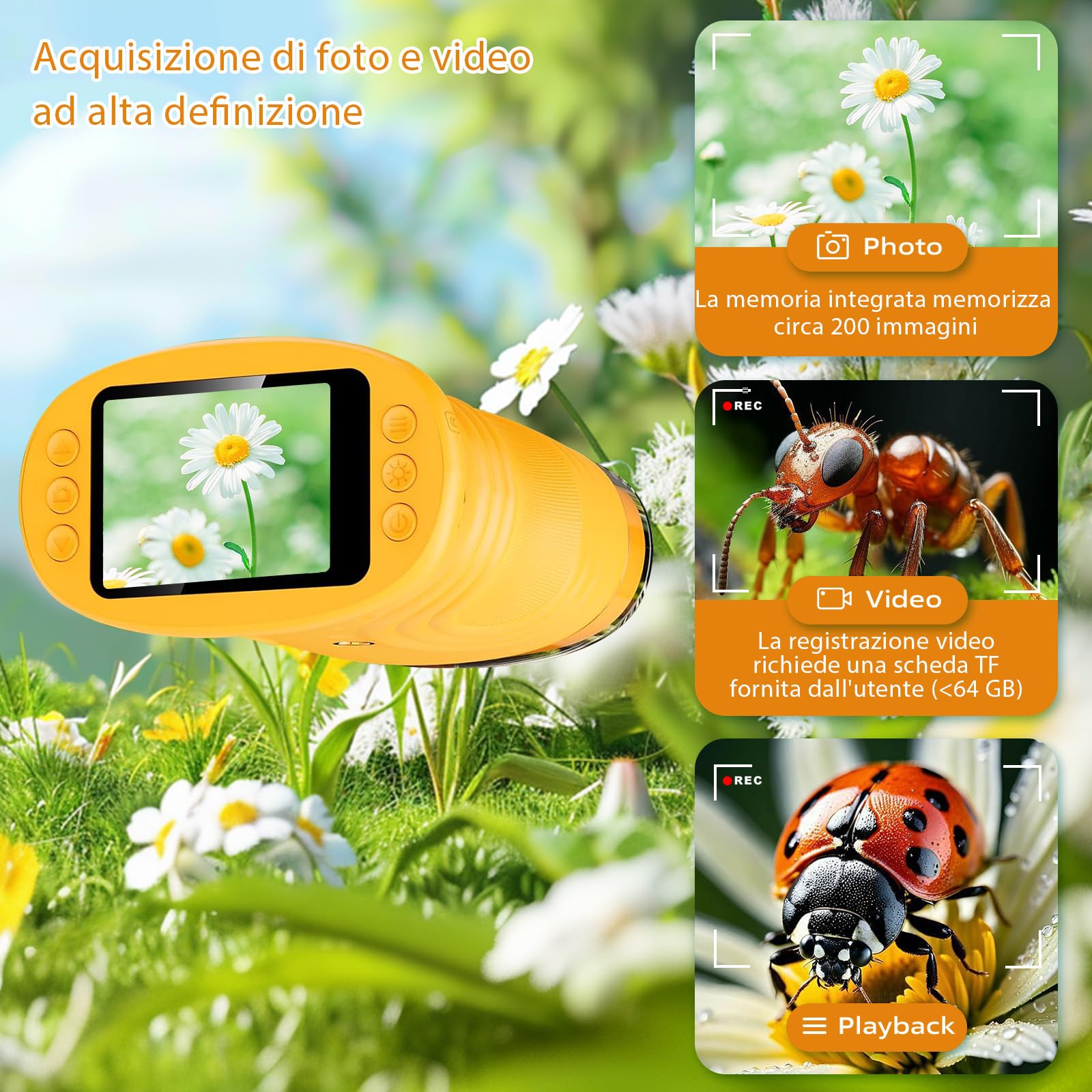 Microscopio digitale per bambini, ingrandimento 1000X con schermo IPS da 2,0", ricaricabile tramite USB e portatile, 8 luci LED, per uso esterno, arancione, regali per bambini dai TRE anni in su.