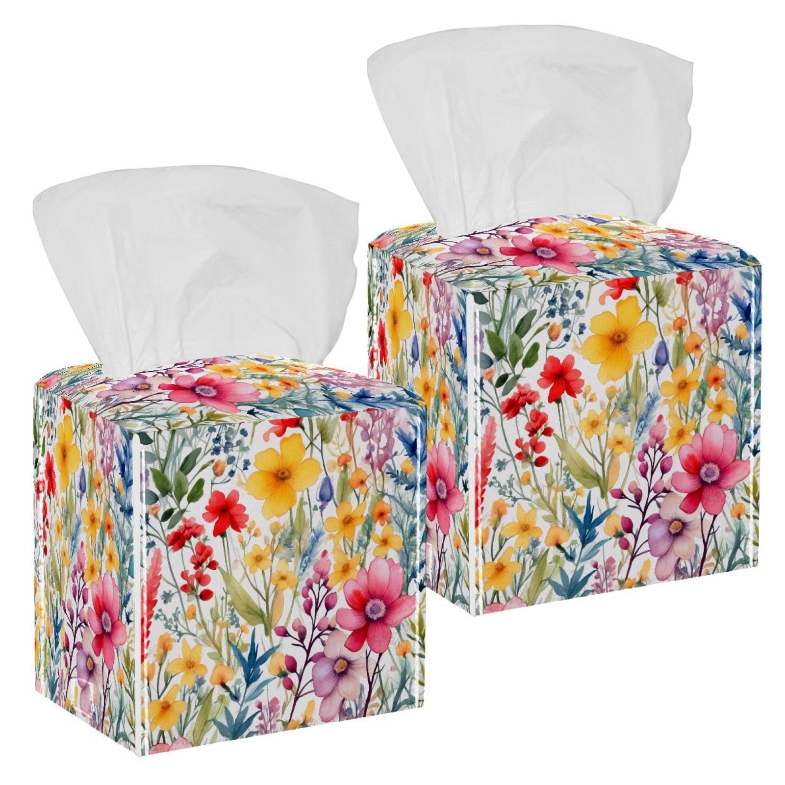 Flowers Watercolor Tissue Box Cover, 2 Pack PU Leather Square Facial Tissue Dispenser Box holder for Home Office Car