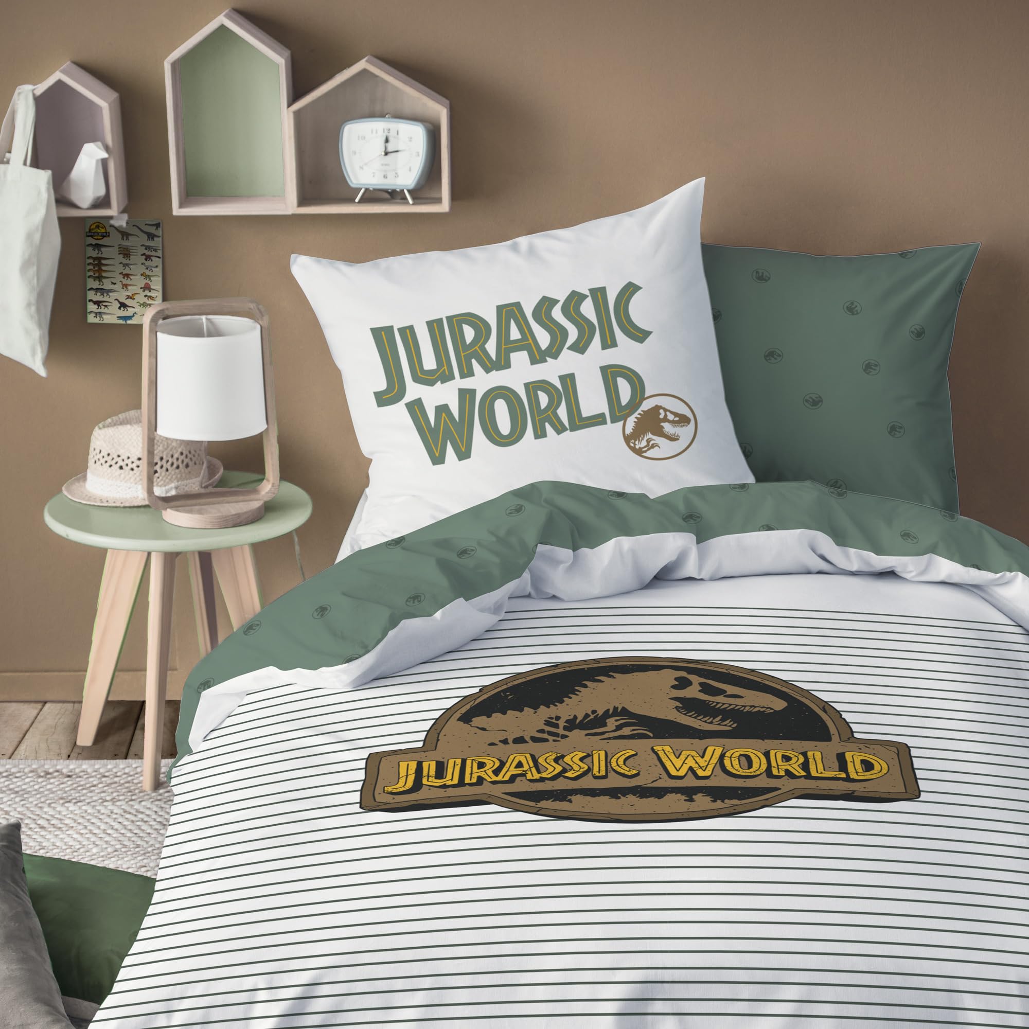 Jurassic World Empreinte Parure de lit 100% coton - Licence officielle | Housse de Couette 140x200 cm + 1 taie 63x63 cm | Fermeture boutons | Chambre enfant, lit 1 place | Certification Oeko-Tex