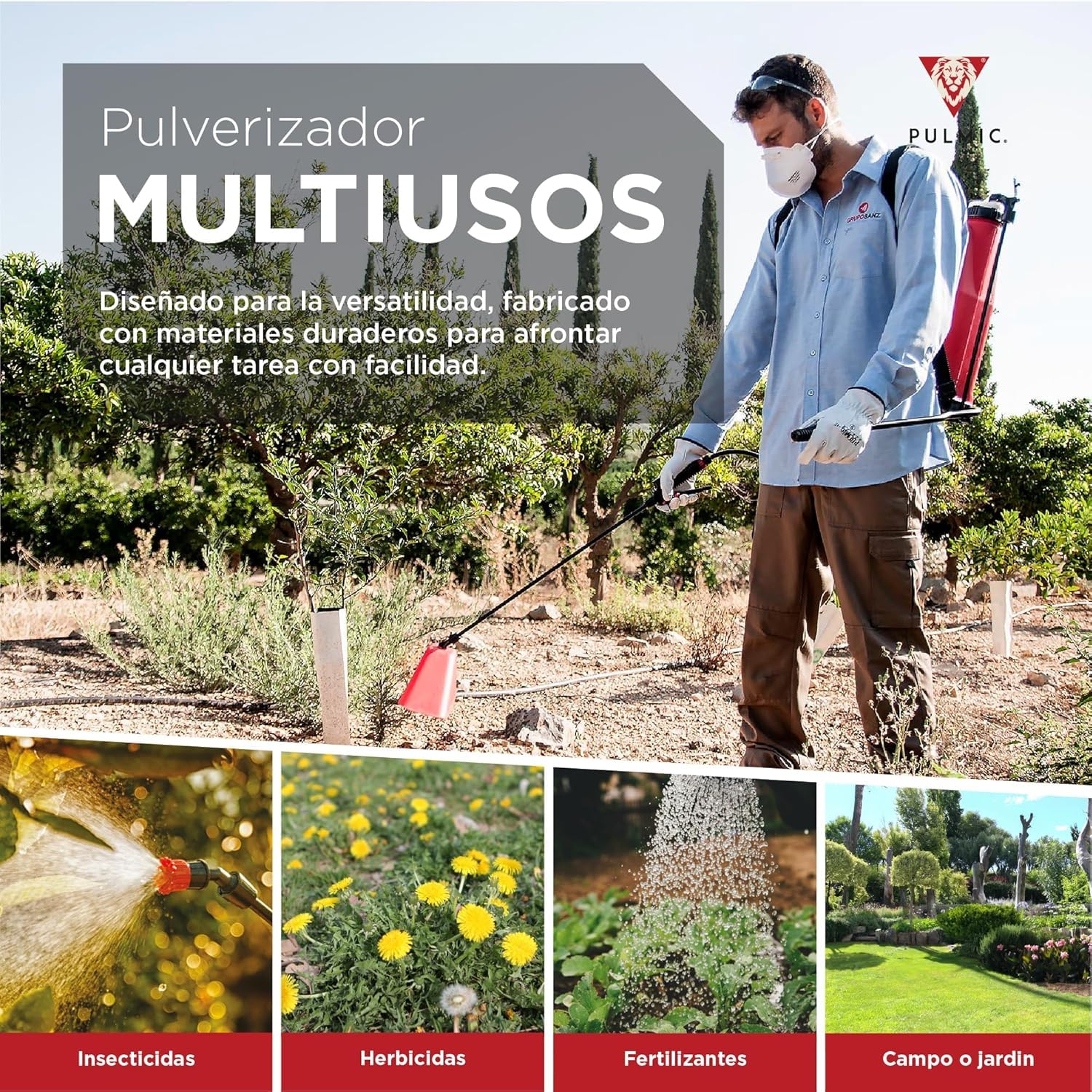 PULMIC Pulverizador Manual de Espalda 16L Profesional + Lanza Telescópica 5 Metros, Sulfatadora para Fumigar Herbicidas e Insecticidas, Mochila Pulverizadora con Lanza Extensible Fibra de Vidrio