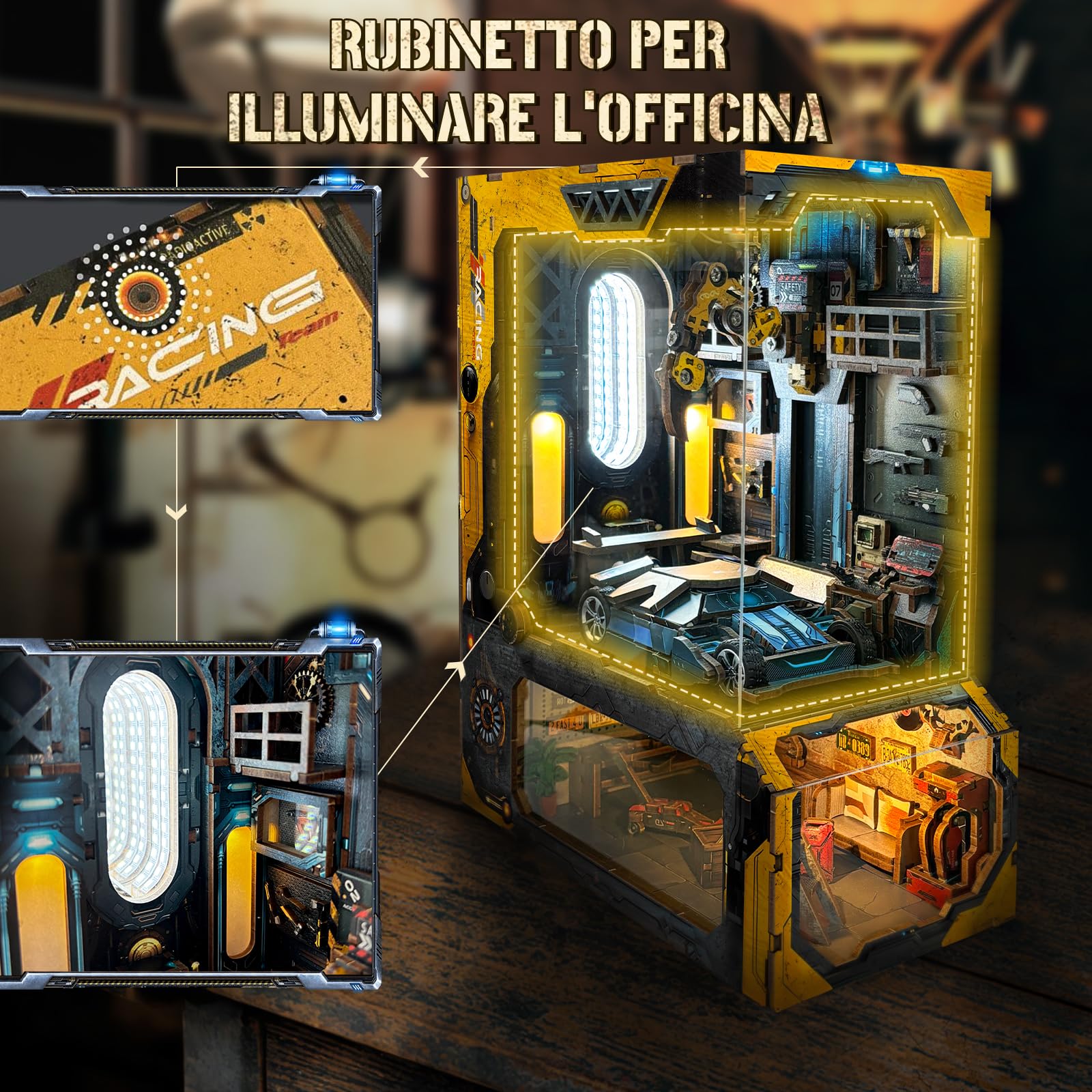 BuzzoXerex DIY Book Nook, Fermalibri in Legno 3D con Copertura Antipolvere, DIY Miniature Kit con Luce LED Manuale per Arredare le Librerie e fare Regali Creativi (Art déco)