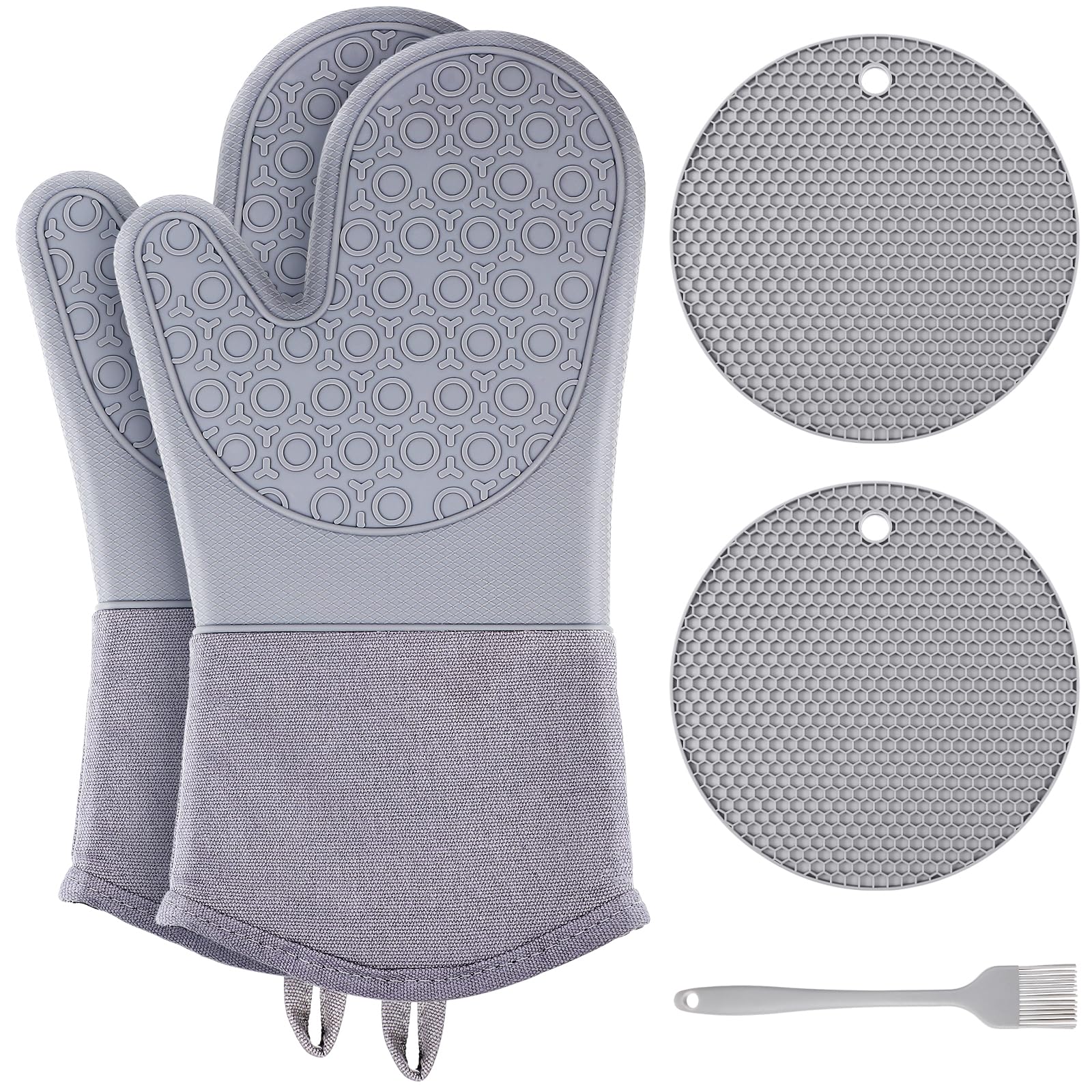 Ofenhandschuhe 5 Stück mit Rutschfester Oberfläche aus Silikon Hitzebeständige Inklusive Backmatte und Ölpinsel für Sicheres Backen und Grillen zu Hause