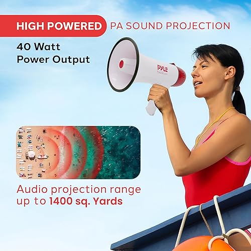 Miniatura 2 de Pyle Altavoz megáfono PA Bullhorn - Batería recargable de sirena integrada, conector auxiliar de 40 vatios y rango de 1000 yardas, función de