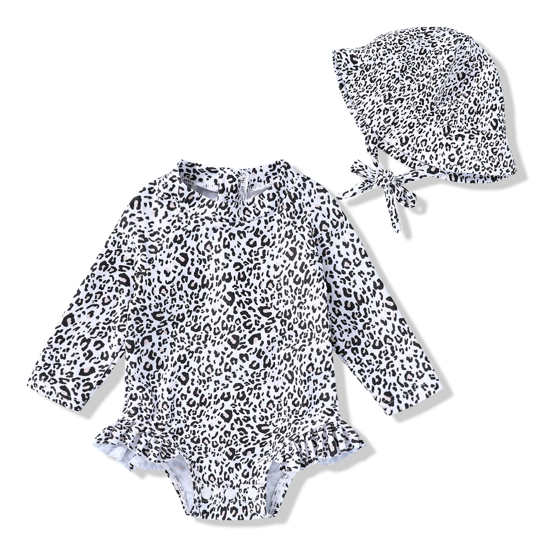 Infant Baby Girl Swimsuit One-Piece Long Sleeve Rash Guard with Hat Set Floral Zipper Bathing Suit Leopard Beach Wear