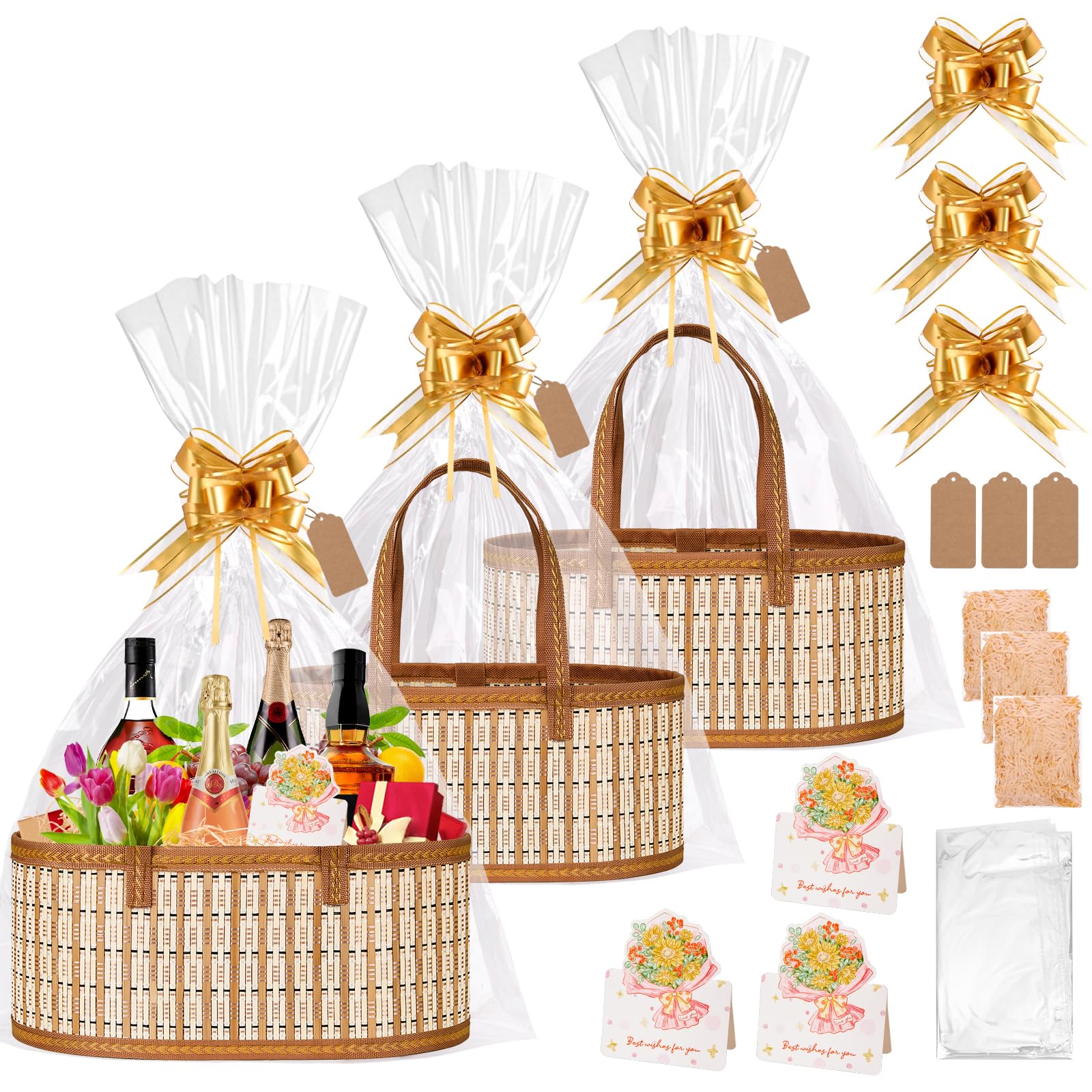 Dreamtop 3 Set Baskets for Gifts Empty, Woven Bamboo Gift Basket Empty Large with Handles, Sturdy Gift Basket Kit Empty to Fill for Christmas Birthday Baby Shower Wedding Gift-image-42