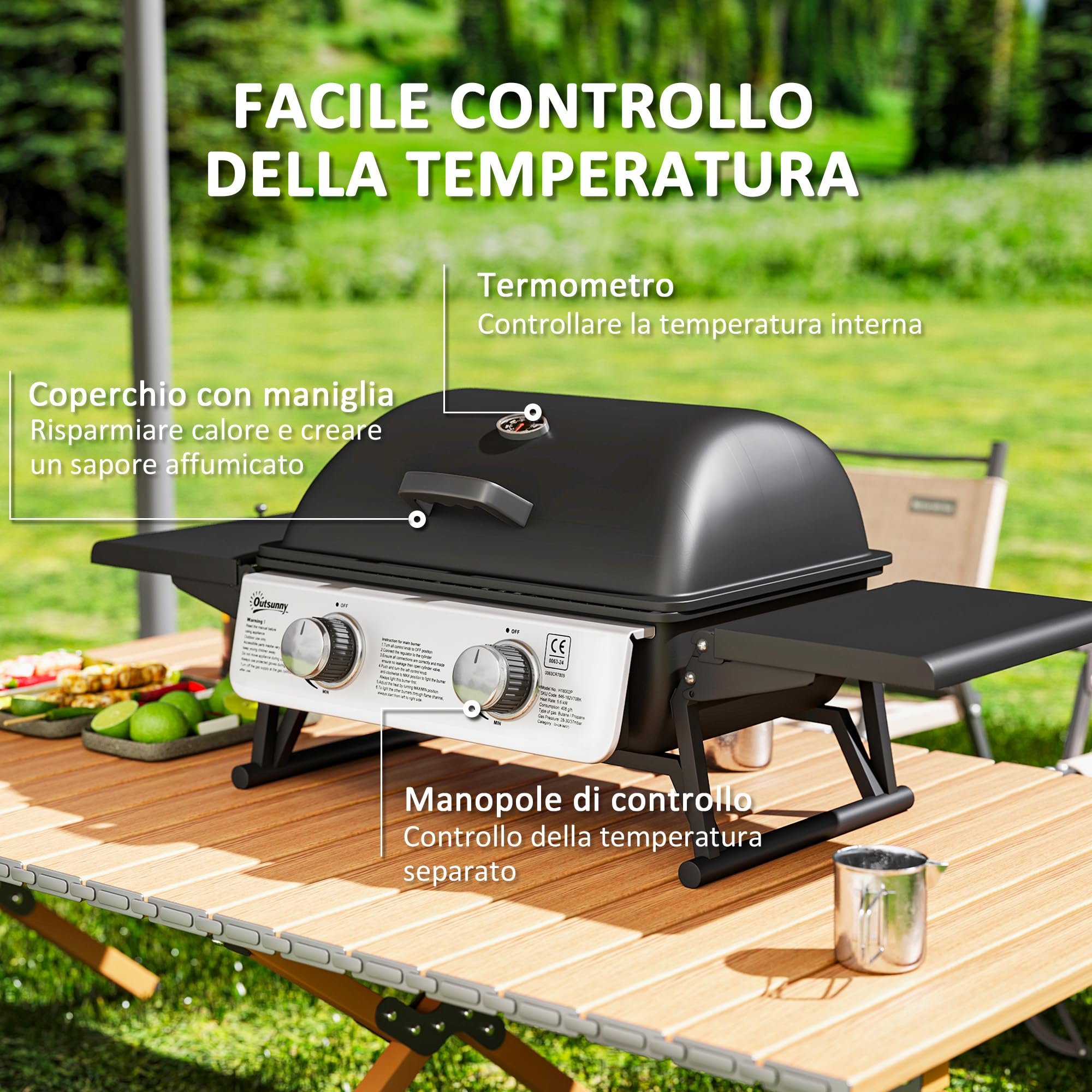 Outsunny Barbecue a Gas 2 Bruciatori 2.8kW Griglia Portatile da Tavolo Nero