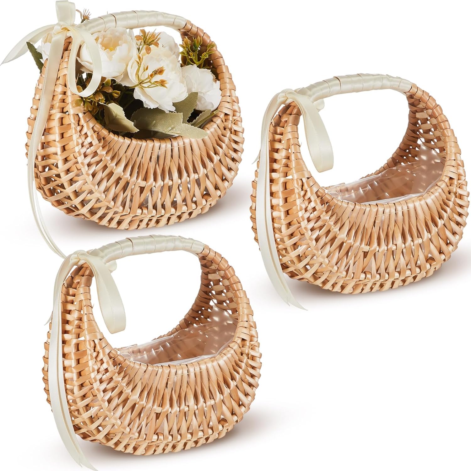 Taiyin Rattan Flower Girl Basket Small Half Moon Straw Wicker Basket with Handle Ideal for Wedding Flower Girl,Picnic,Garden Storage and Home Decor(White Ribbon)