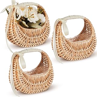 Taiyin Rattan Flower Girl Basket Small Half Moon Straw Wicker Basket with Handle Ideal for Wedding Flower Girl,Picnic,Garden Storage and Home Decor (White Ribbon)