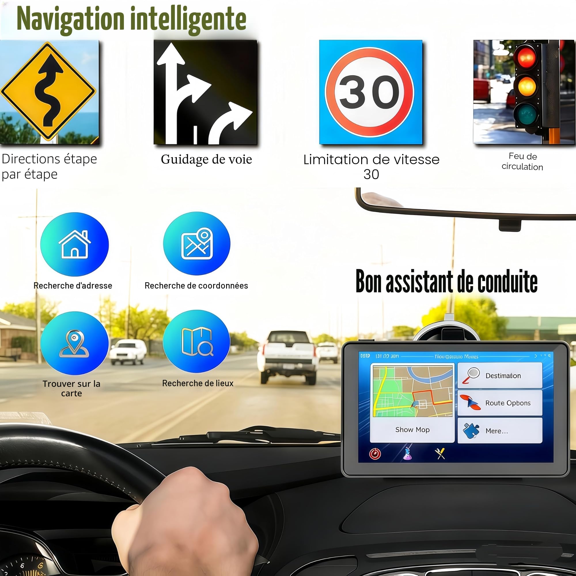 Navigateur GPS, écran tactile 7 pouces Navigation GPS pour voiture, camion, camping-car, avec informations trafic, carte de l'Europe 2025, mises à jour gratuites à vie, guidage vocal en temps réel