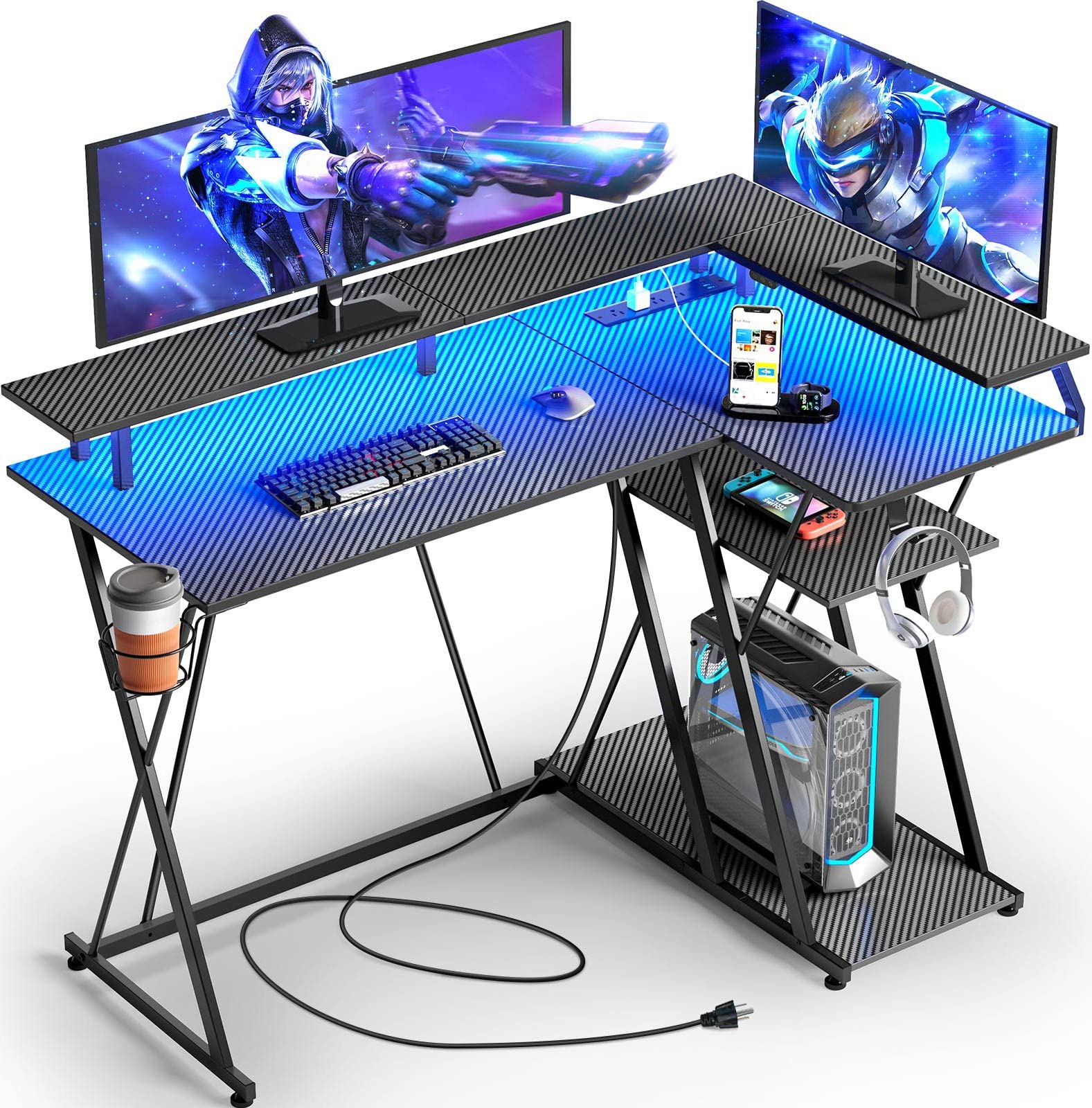 Buy SEVEN WARRIOR L Shaped Gaming Desk with LED Lights & Power Outlets