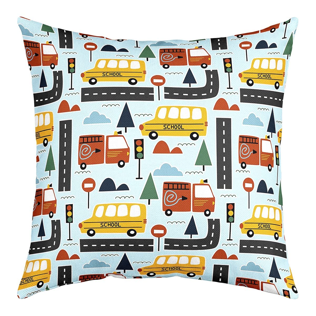 Richhome Multi 13 Cartoon Truck Decorative Square Throw Pillow Cover Red Fire Engine Country Style Pillow Cover For Housewarming Sofa Yellow School Bus Home Decor Cushion Case Pillowcase 22"X22"