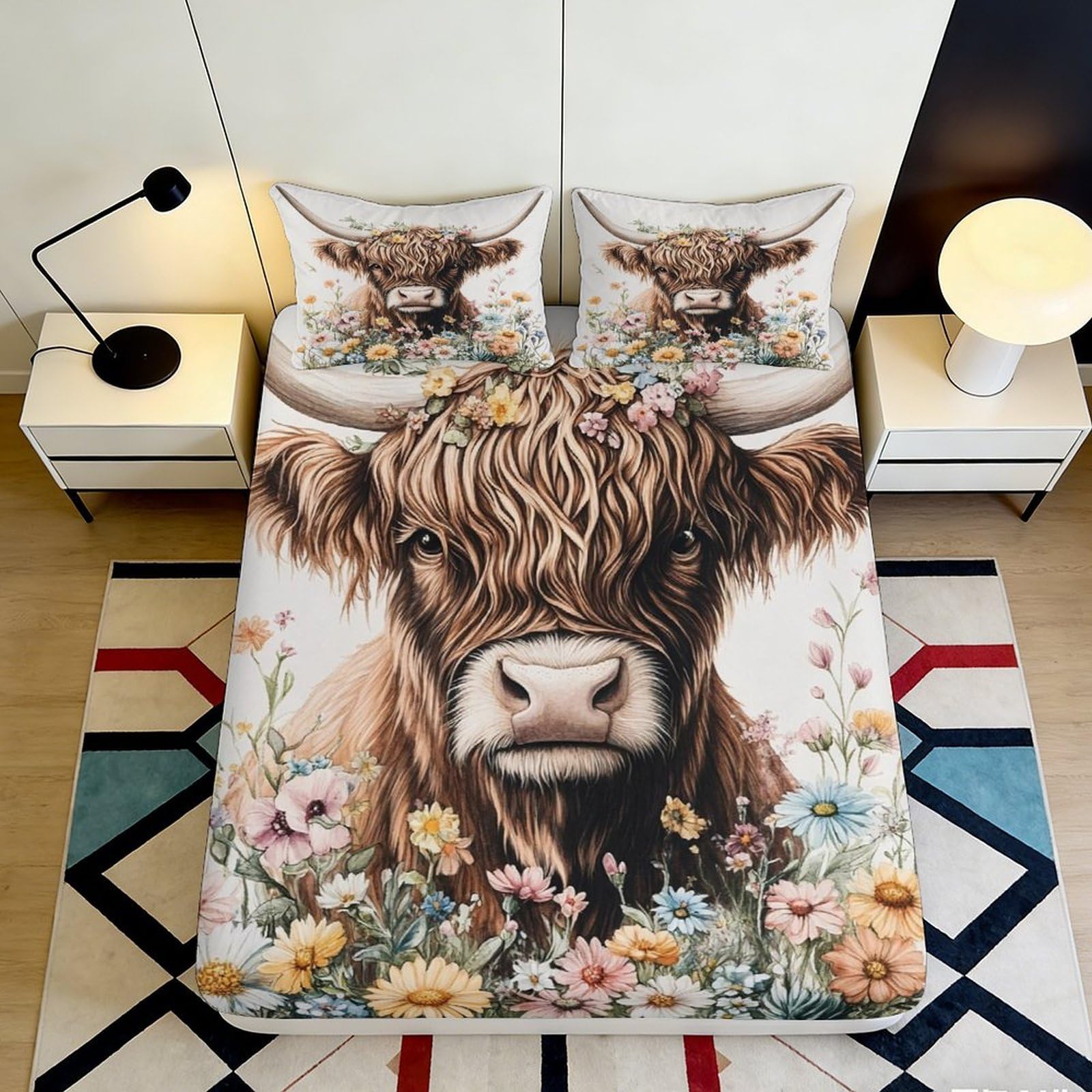 3D Printed Highland Cow Fitted Sheet Microfiber Floral Meadow Mattress Cover Anti-Slip Washable for Bedroom Guestroom Decor 140x200x25cm
