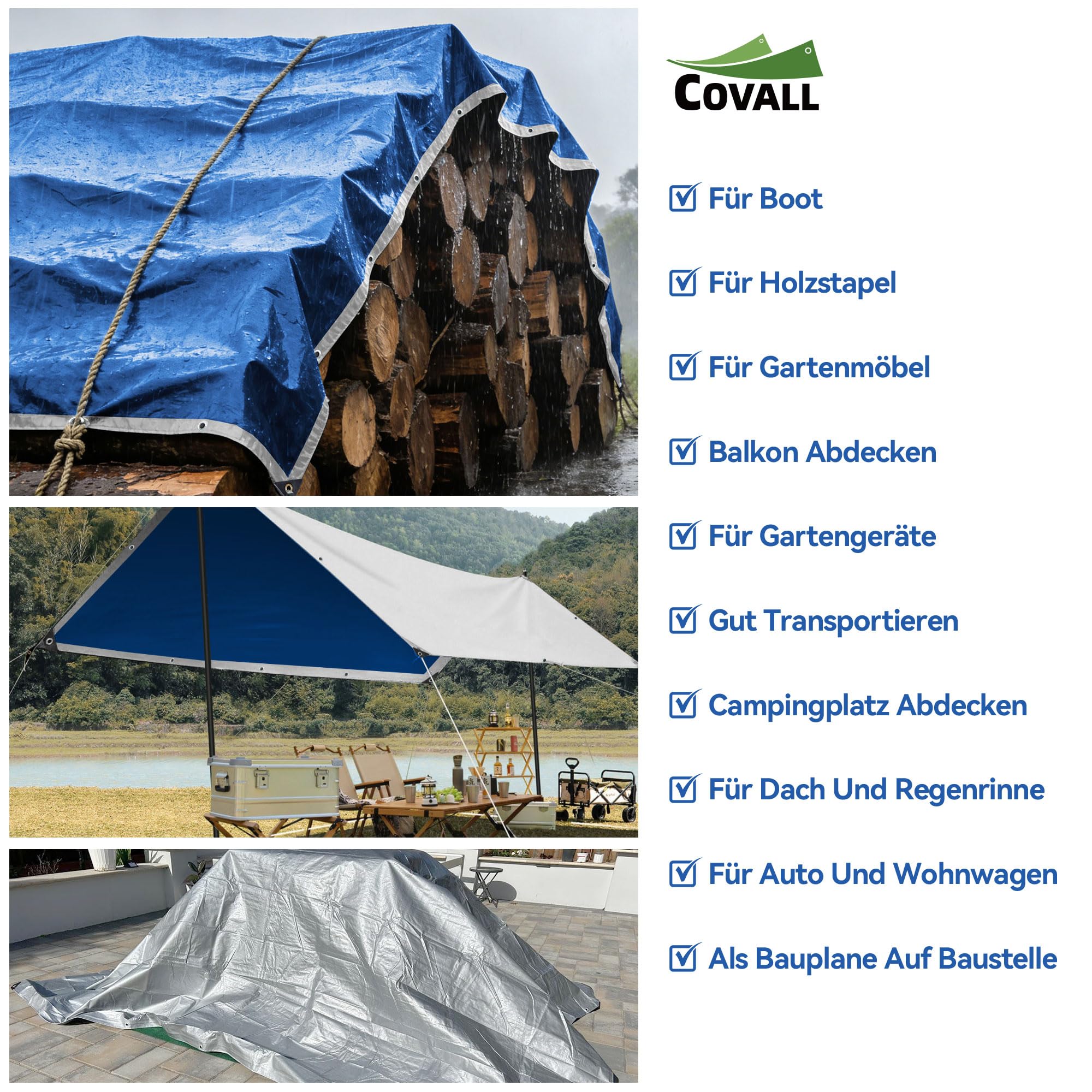 Plane 1,5 x 6 m –75g/m² wasserdichte Plane Aus PE, Silber/Blau Doppelseitig, UV- & Reißfest, Mit Verstärkten Ösen – Ideal Als Unterlage, Campingplane, Wetterschutz Für Garten, Auto & Holz