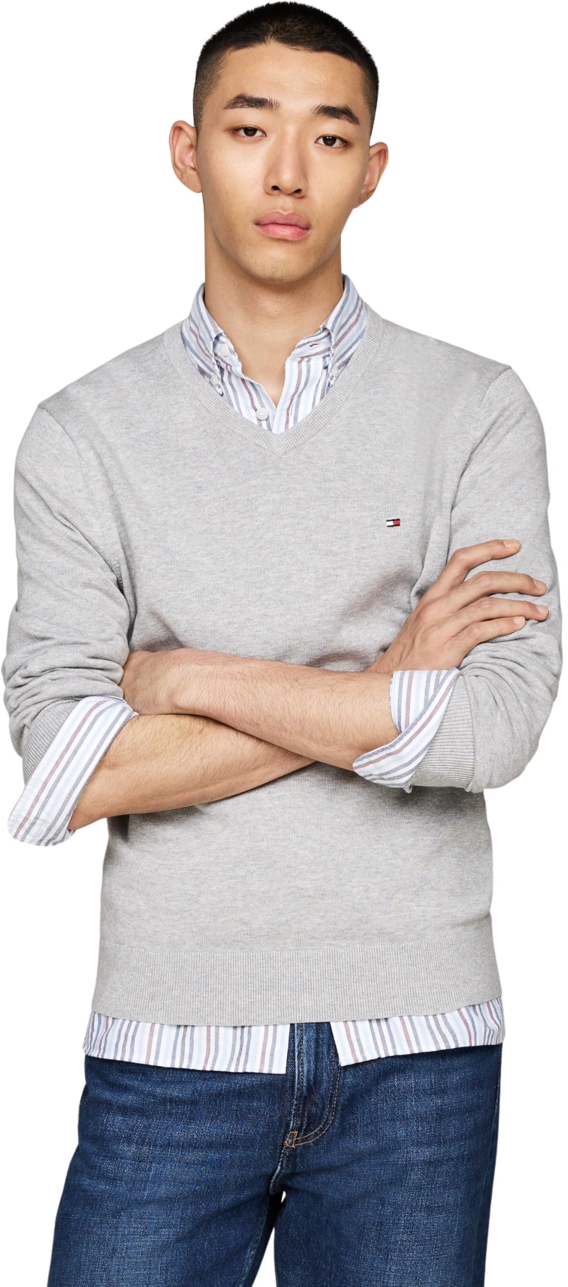 Tommy Hilfiger Men’s Essential Cotton V-Neck Jumper, Grey (Light Grey Heather), XS