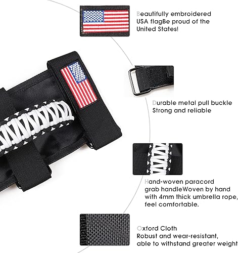 Miniatura 9 de Asas de agarre de cuerda de paracaídas para Jeep Wrangler JK TJ JL CJ YJ 1945-2024 JT UTV ATV - Hebilla de metal mejorada (negro)