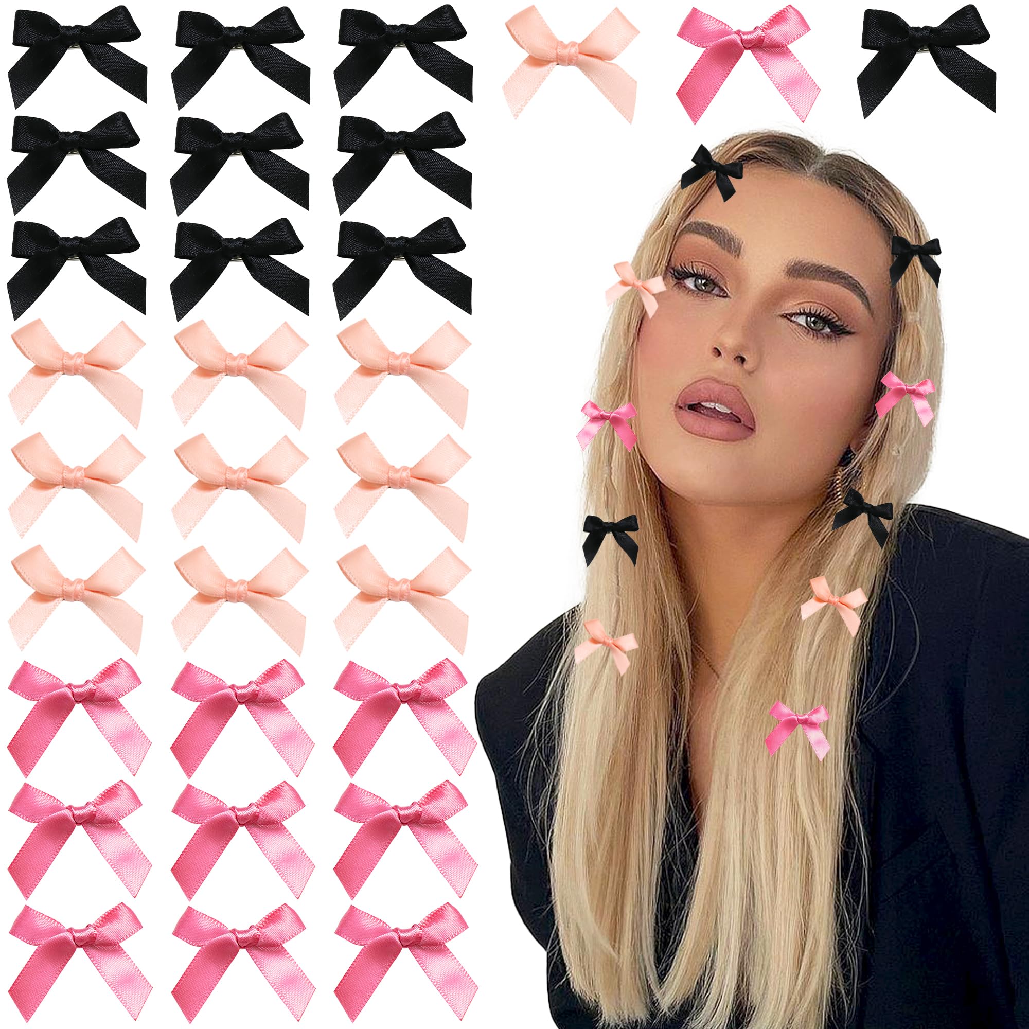 YAEISM 30PCS Bow Hair Clips 3 Colors Mini Hair Bows Kawaii Hair Ribbon Clips Black Pink Satin Bow Hair Accessories for Women Girls