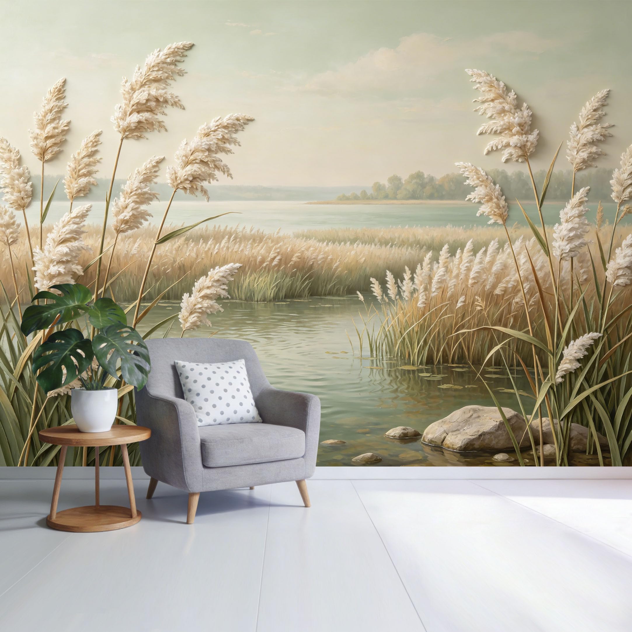 Custom Size Wall Mural Tranquil Lakeside Reed Grass Landscape Watercolor Pastel Nature Scene SelfAdhesive Wall Fabric Removable Wallpaper for Home Office Decor
