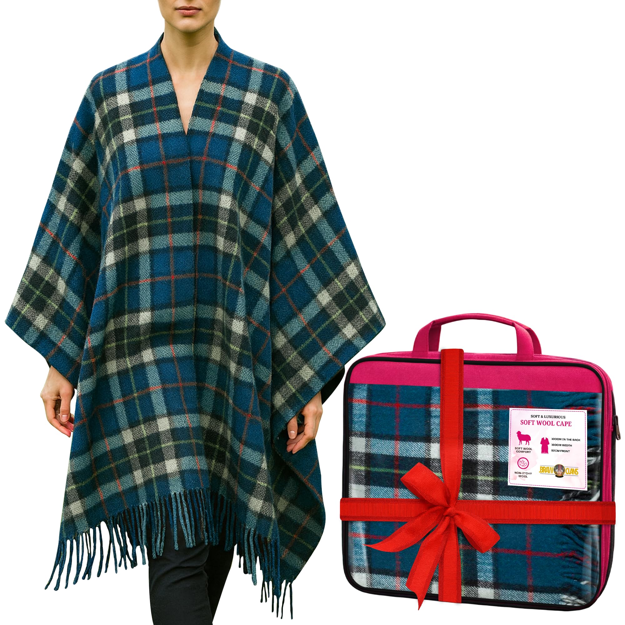 BRAW CLANS TARTANS Soft wool Tartan Poncho Blanket cape made in Scotland - Ruana cloak style - full body shawl - Mothers day Gift - Home, Travel, Camping - Thomsn Blue Tartan