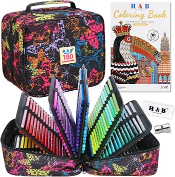 H & B 180 Colored Pencils for Adults & Beginners with Case & Coloring Book