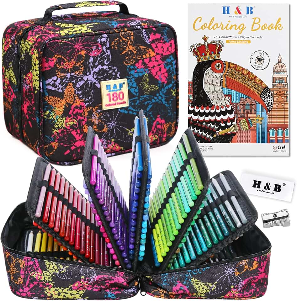 H & B Conjunto de lápis de cor de 180 cores com livro de colorir, borracha e apontador - perfeito para desenhar e colorir - Cores macias à base de óleo, ideais para adultos e iniciantes
