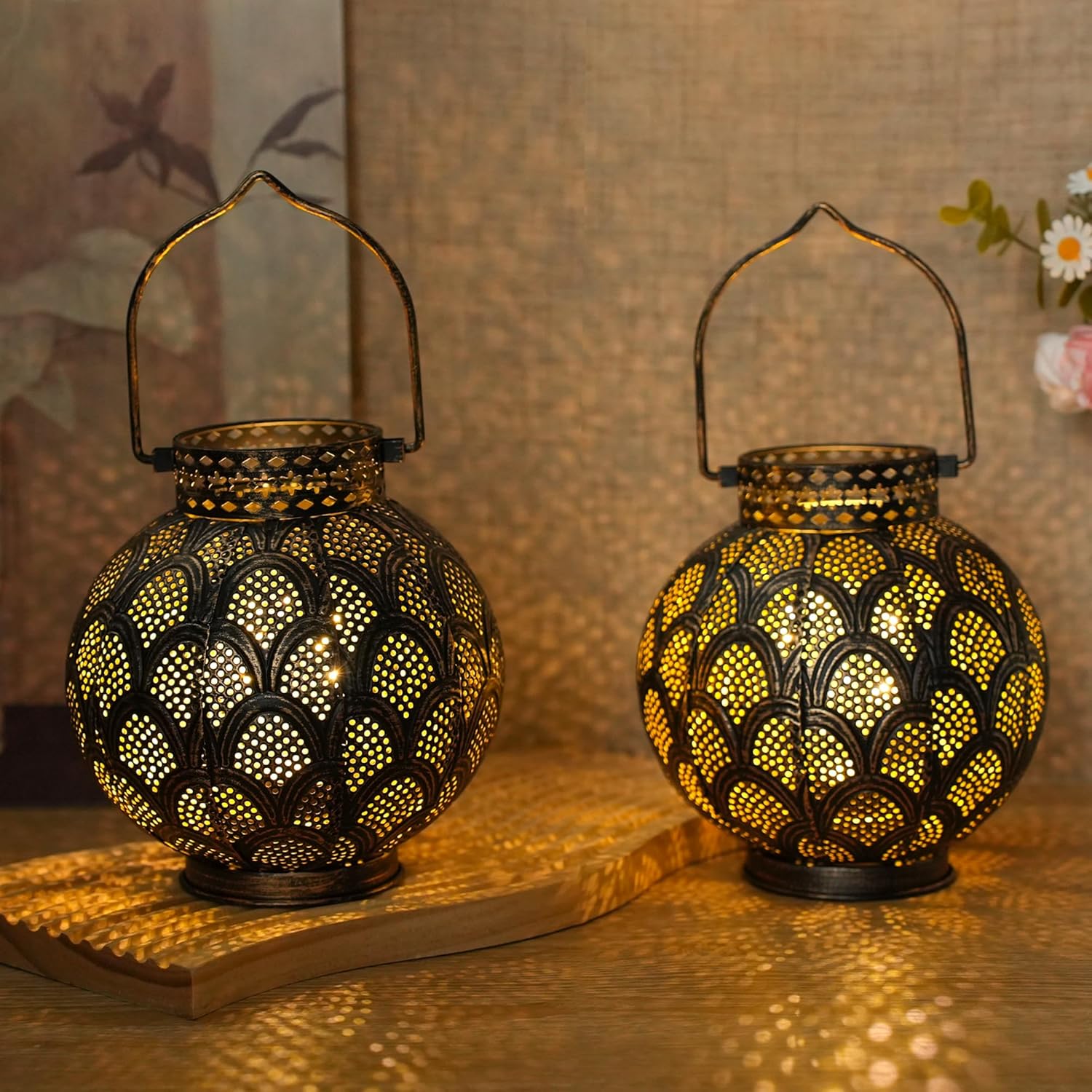 TRIROCKS Set of 2 Moroccan Style Metal Table Lamp 7'' High Battery Powered Cordless Lamp with LED Fairy Lights Bulb Perfect for Home Living Room Parties Tabletop Indoors (Bronze)