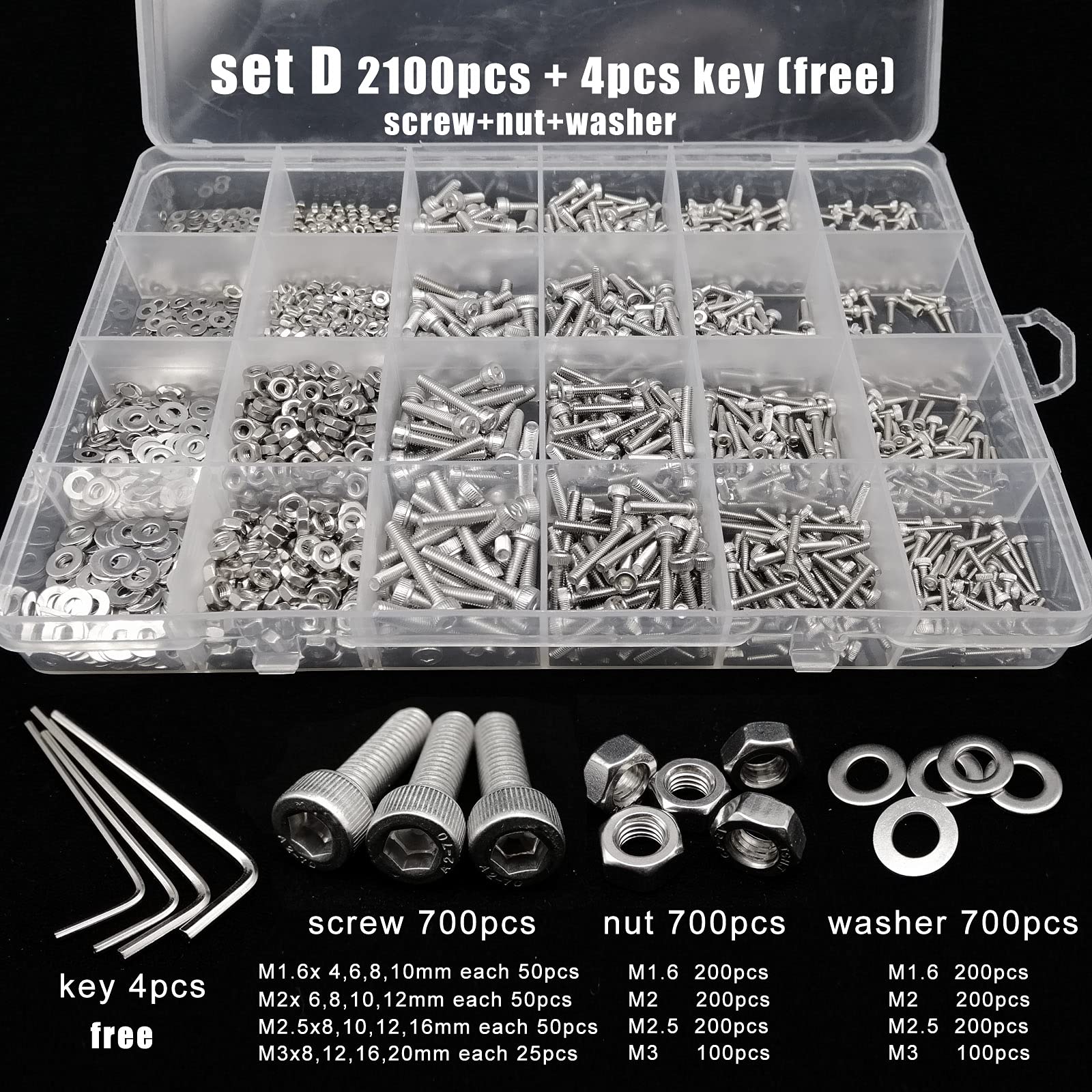 viti interne esagonali, Totale 400/650/1140/2100X M1.6 M2 M2.5 M3 M4 M5 304 in acciaio inossidabile con esagono incassato, vite con esagono incassato, set di dadi, kit assortimento(Set C 1140pcs)