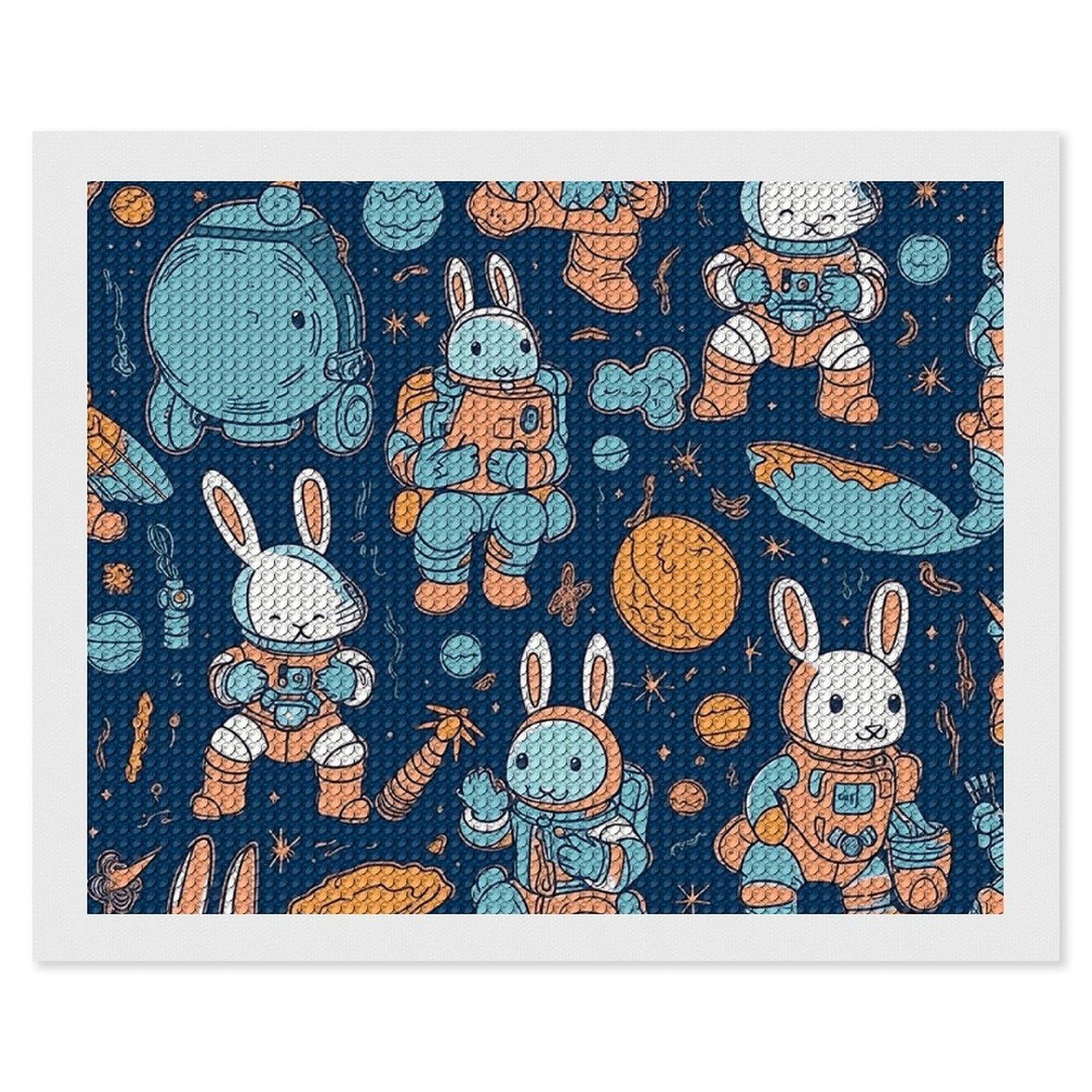 Bunny and Spaceship Diamond Painting Kits for Adults, DIY 5D Diamond Painting Kits for Beginners, Round Full Drill Diamond Dots Paintings, Diamonds Pictures Gem Art for Crafts Home Decor 16"x20"