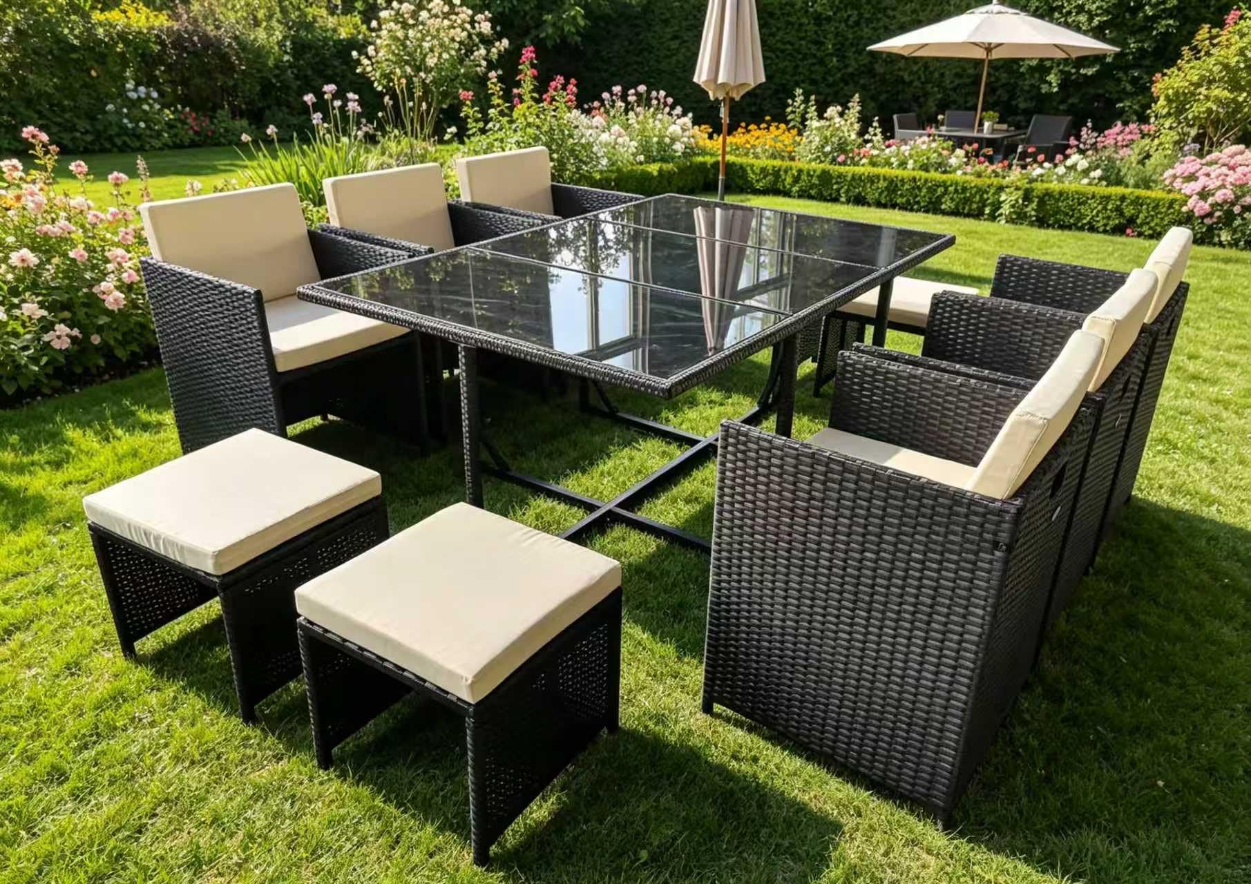 Générique Salon de Jardin Exterieur en Résine Tressée Poly Rotin Salon de Jardin Table 10 Personnes Fauteuil Exterieur Encastrable Noir et Beige