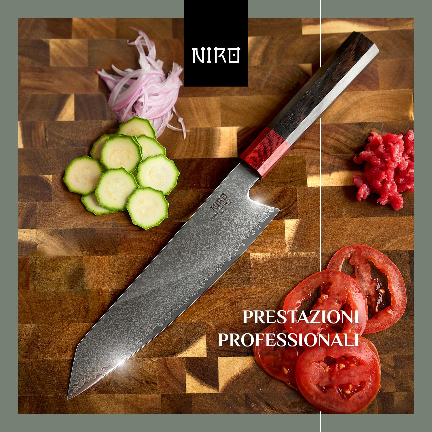 NIRO | Coltello Giapponese Professionale | Kiritsuke| Acciaio Damasco AUS-10 | Durezza HRC 60-61| 67 strati | Manico Pregiato in Ebano e Sandalo | Bilanciato | Forgiato a Mano | Resistente all'usura
