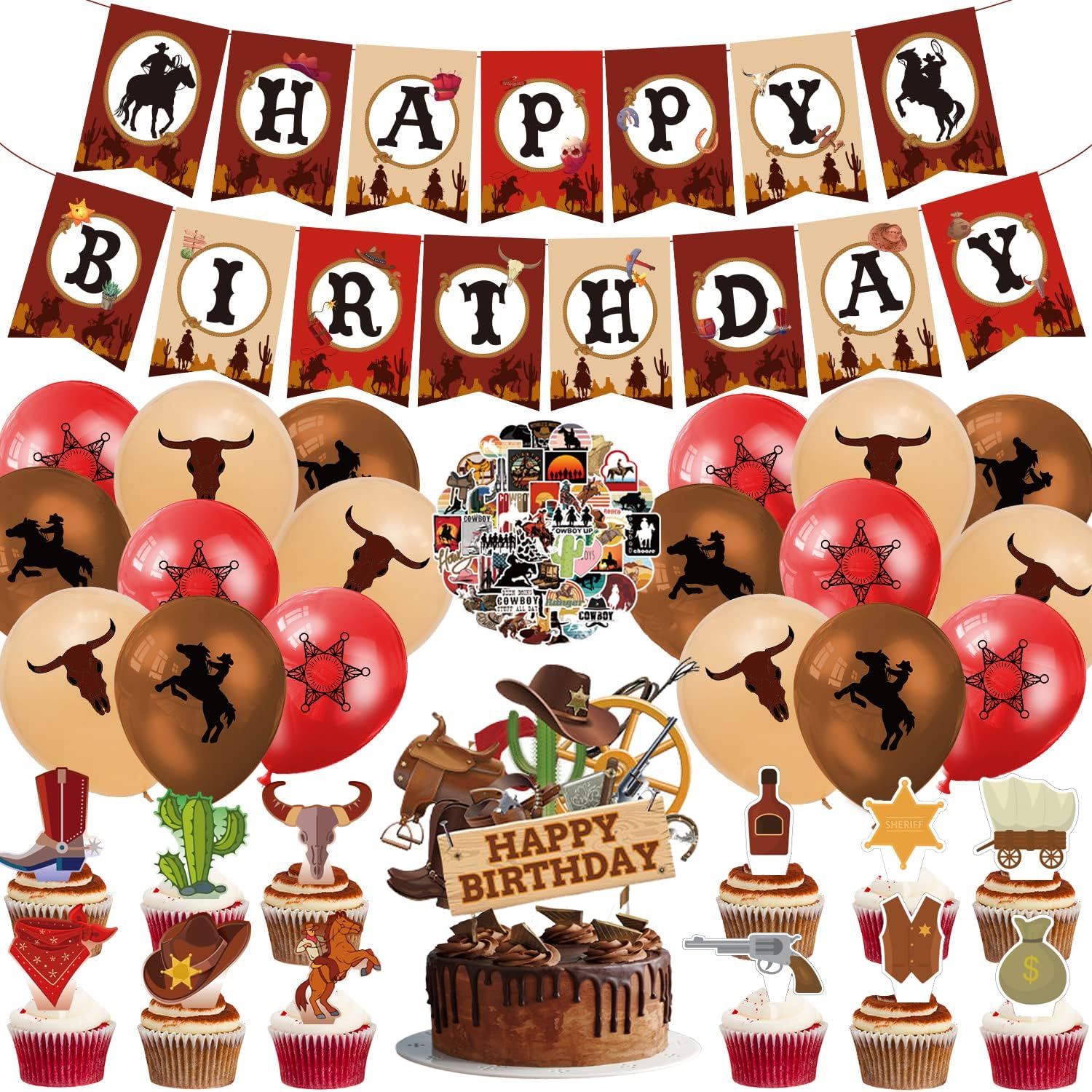 94Pcs Western Cowboy Birthday Party Decorations Horse Birthday Decorations My First Rodeo Birthday Party Supplies Include Happy Birthday Banner Horses Balloons Cake & Cupcake Toppers Stickers for Boys