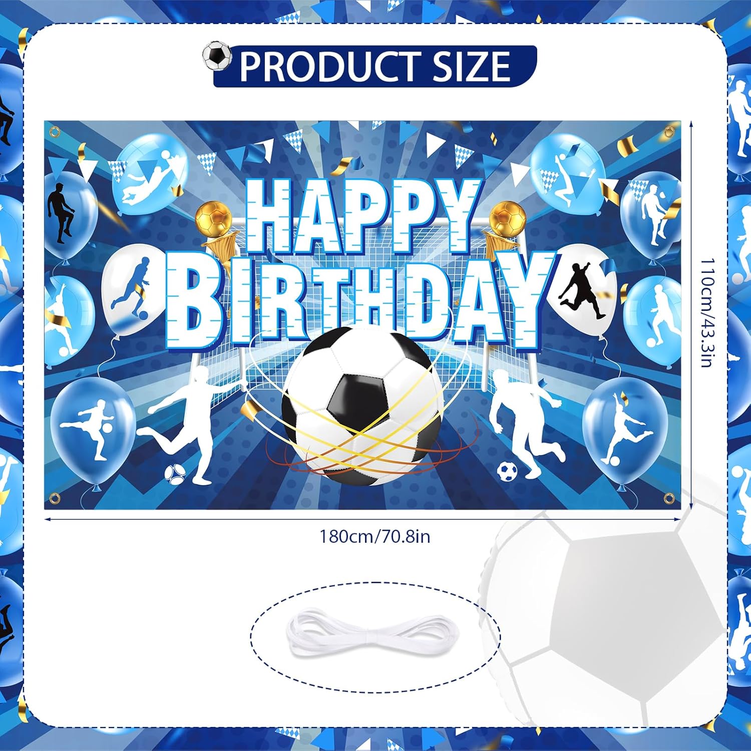 Blue Soccer Happy Birthday Banner - Large Sport Football Birthday Backdrop Background Photo Booth Props for Soccer Ball Theme Party Decorations - Image 7