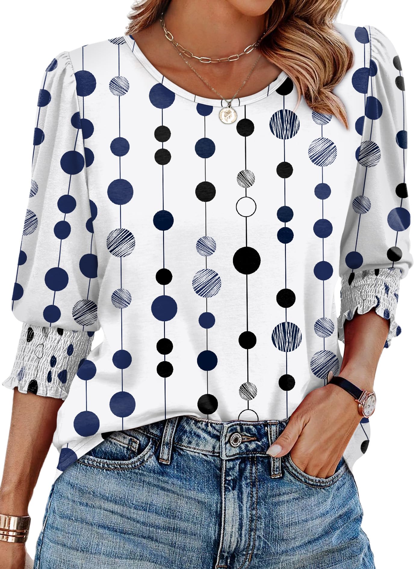 XIEERDUO Blouses for Women Dressy Casual 3/4 Length Sleeve Womens Tops with Smocked Cuffs