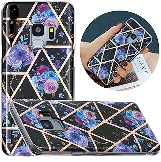 Glitter Gold Geometric Marble Case for Samsung Galaxy S9,OYIME Cute Purple Flower Design Ultra Thin Glossy Soft Silicone Case Flexible Rubber TPU Bumper Protective Cover and Screen Protector