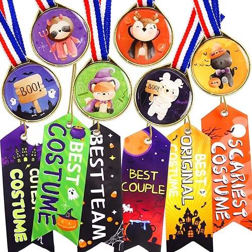 Halloween Costume Ribbons Awards 24PCS Halloween Medal Trophies and Trophy Ribbons Halloween Contest Awards Ribbons with Stickers Halloween Party Favors