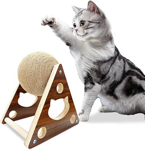 Miniatura 1 de Rascador para gatos, cuerda de sisal natural con bola para gatos y gatitos, juguete interactivo de madera maciza para mascotas (mediano)