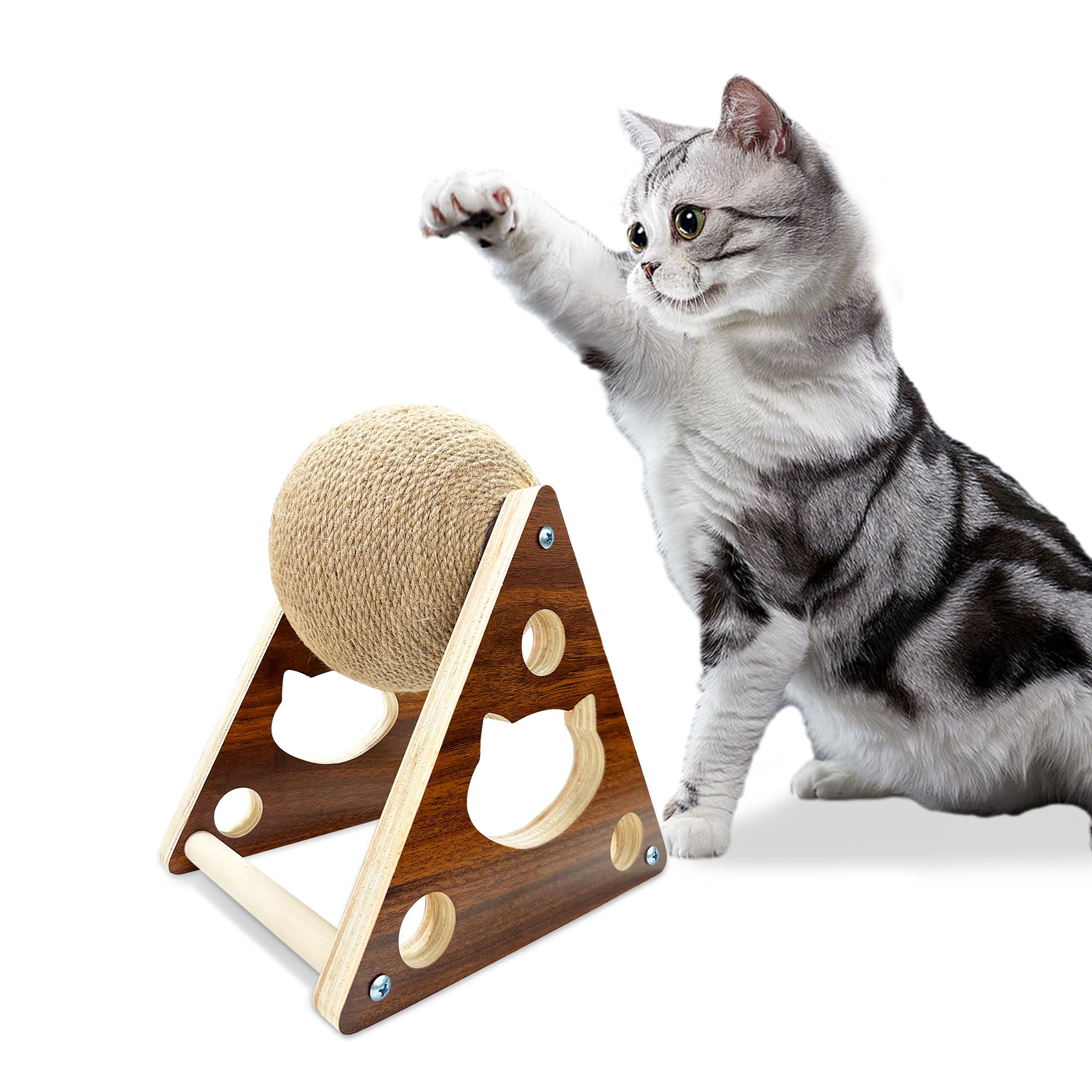 Cat Scratcher, Natural Sisal Rope Scratching Ball with Ball for Cats & Kittens, Interactive Solid Wood Pet Toy (Medium)