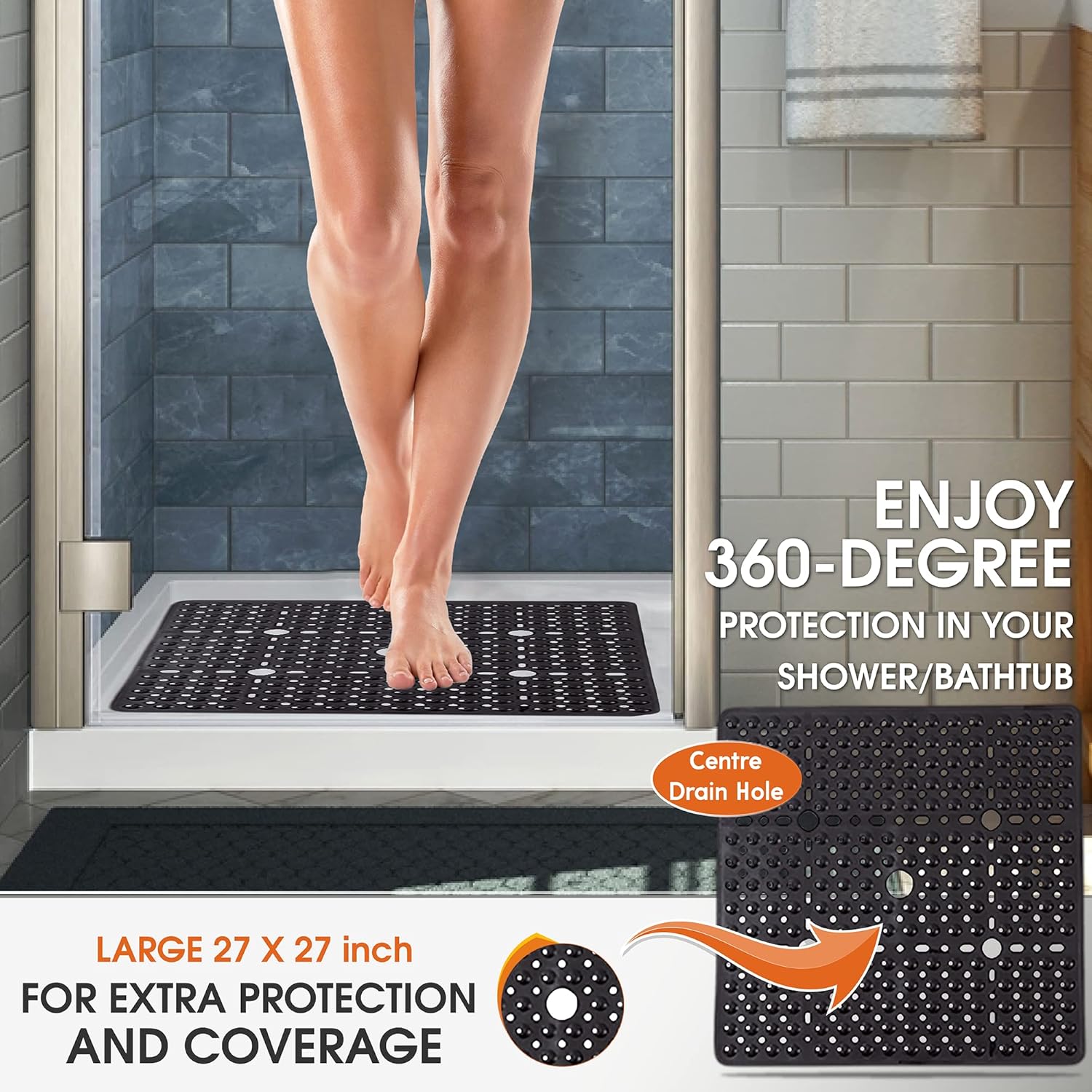 ENKOSI Square Shower Mat 27x27 inch - Anti Slip Bathroom Shower Stall Mats for Shower Floors - Non Slip Square Bath Mat with Strong Secure Suction Cups and Drain Holes in Middle (Clear Blue 27x27)