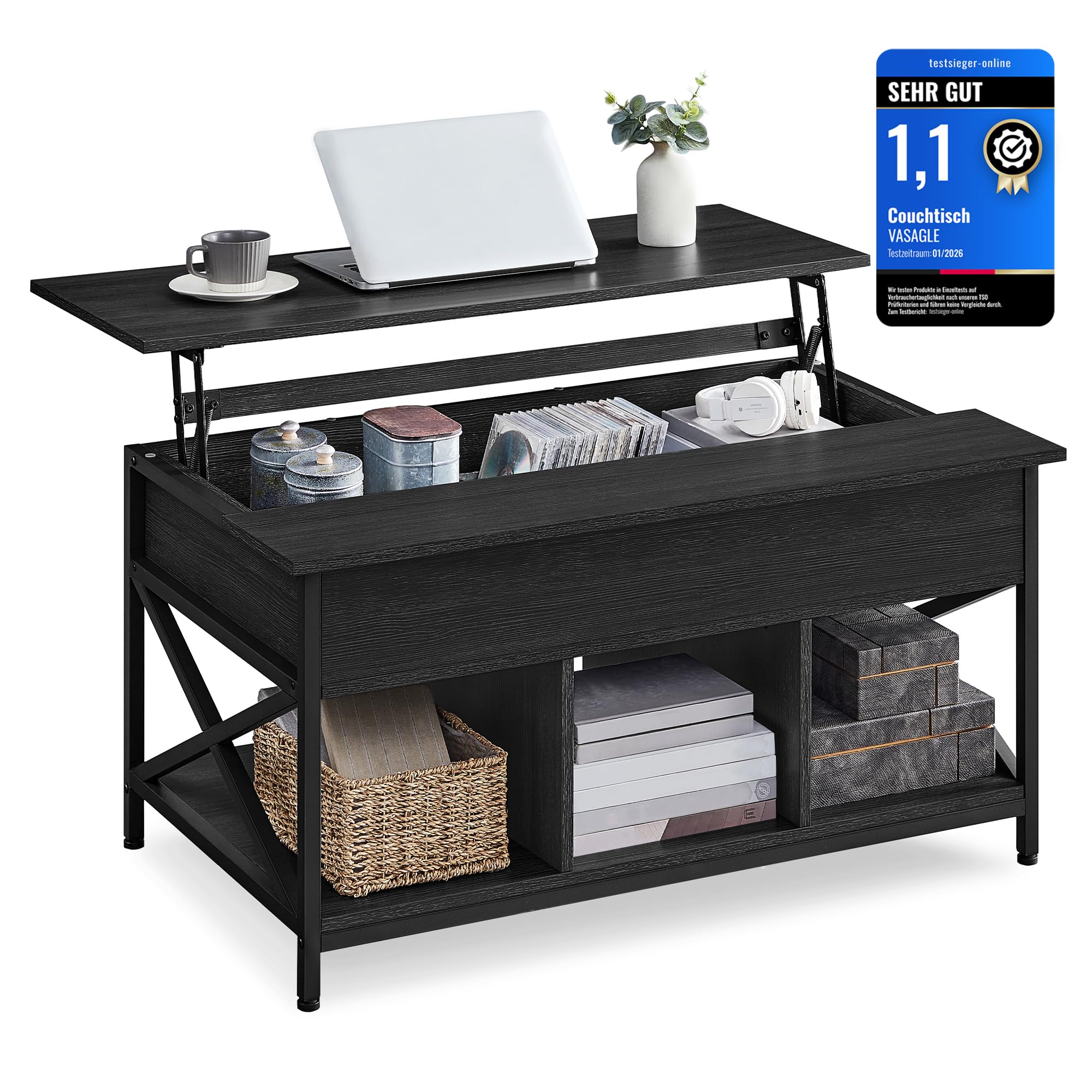 VASAGLE Couchtisch, höhenverstellbarer Wohnzimmertisch, Kaffeetisch, offener und versteckter Stauraum, X-Streben, 60 x 100 x (48-62) cm, anthrazitgrau-schwarz LCT205B22