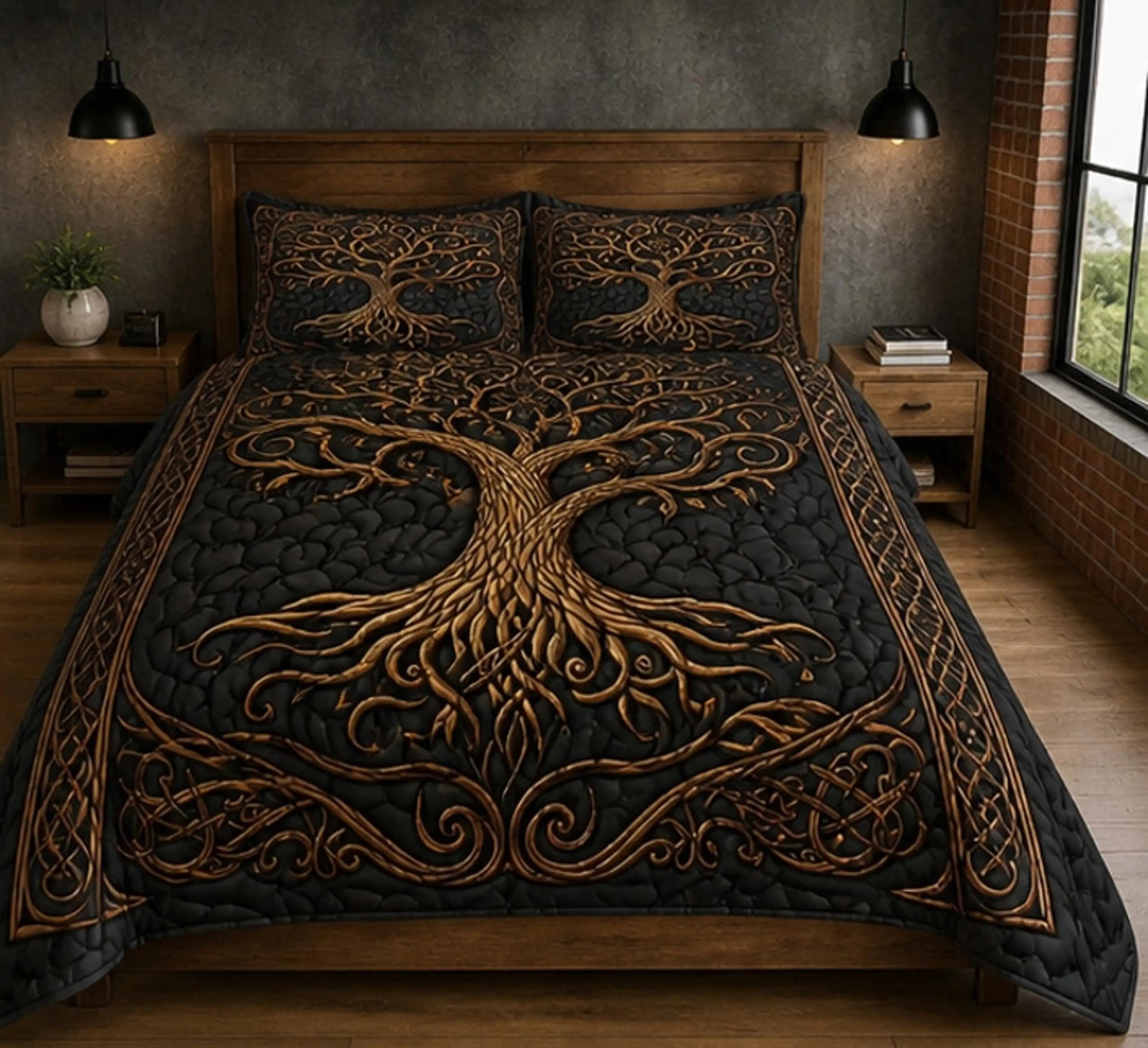 Shaggy Celtic Tree of Life Quilted Bedspread Set, Black and Gold | 3-Piece Quilt Set, 2 Pillow Shams, Celtic Knot Border, 3D Carved Effect, Bedroom Decor-image-27