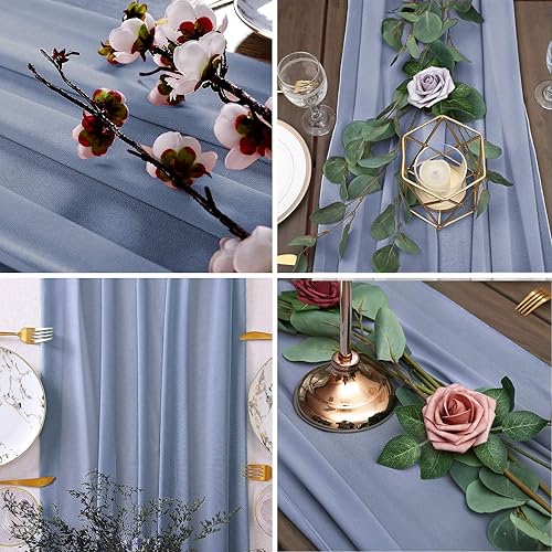 Miniatura 4 de YMHPRIDE 6 caminos de mesa color azul polvoriento camino de mesa de gasa de 10 pies 28 x 120 pulgadas para bodas bodas bodas bodas despedidas de