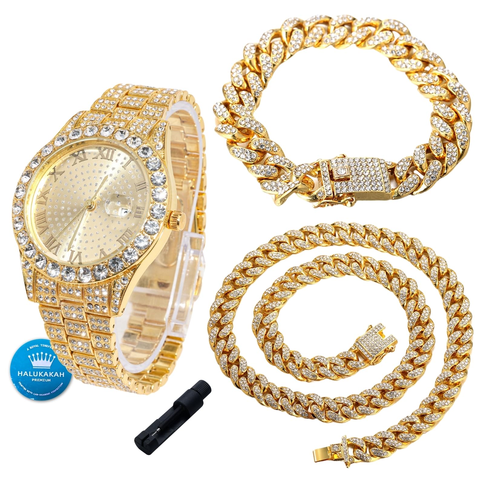 HALUKAKAH Reloj de Oro con Diamantes para Niños,Adolescentes,Chicos - Chapado en Oro 18K/Platino,Esfera Redonda 42mm,Cuarzo Japonés - Longitud 20cm,con Herramienta de Ajuste - para Cumpleaños,Fiestas