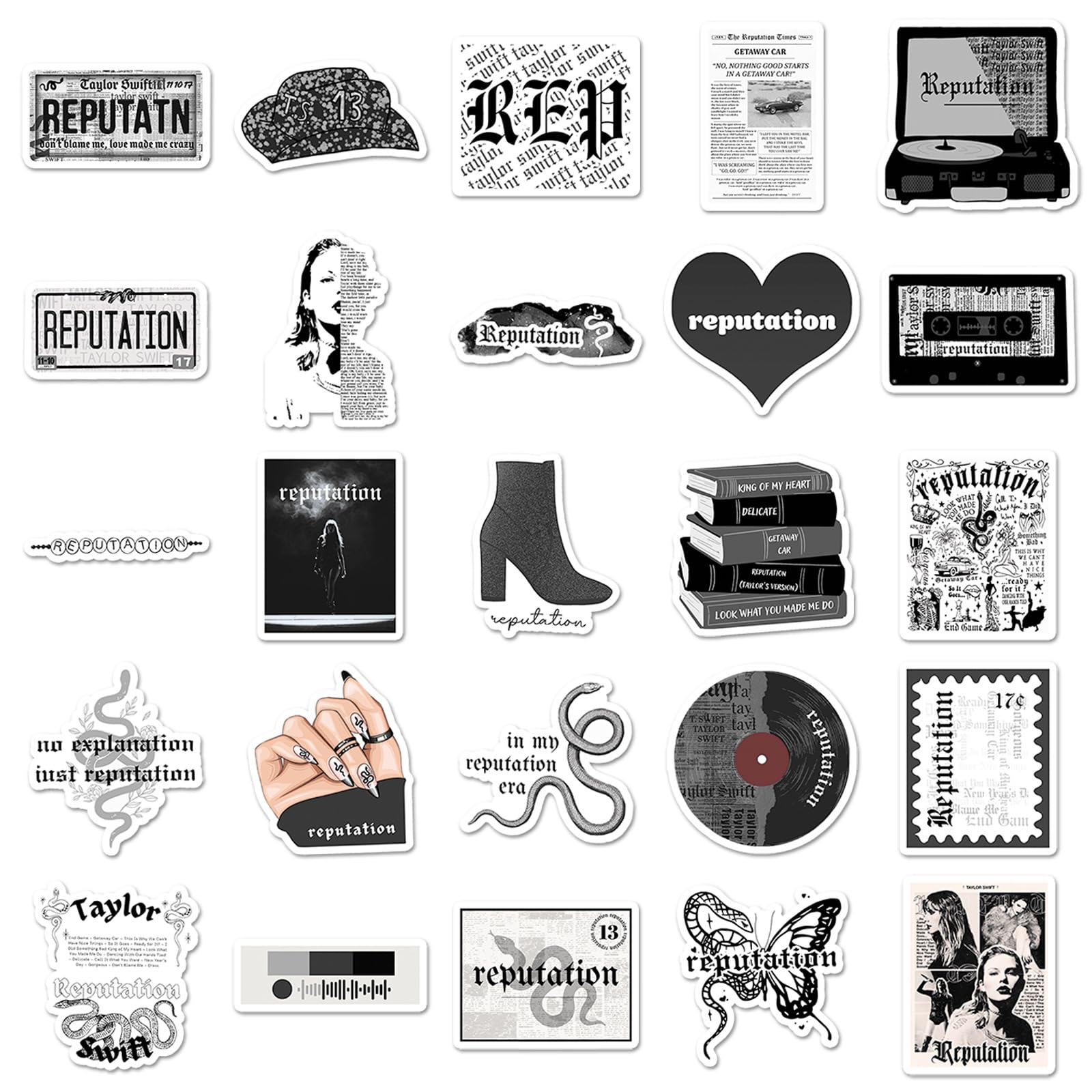 50Pcs Reputation Album Inspired Waterproof Stickers - Vintage Country Music Decals with Lyrics & Guitars - Durable Vinyl Set for Laptops, Journals, Tumblers