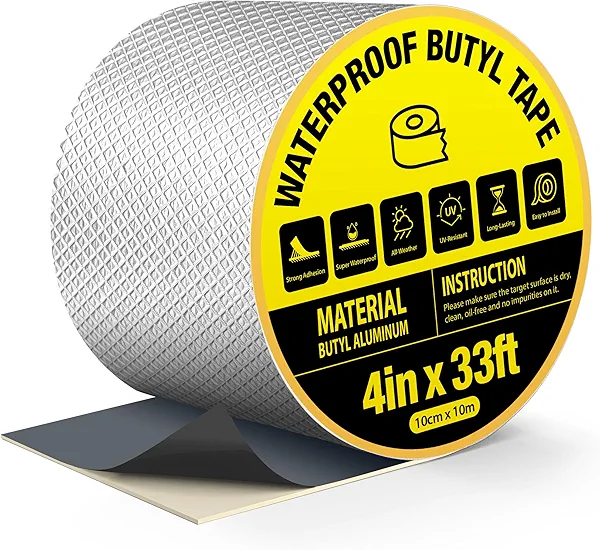 360Tronics Butyl Waterproof Tape 4" x 33 ft, All Weather Self-Adhesive Leakproof Aluminum Foil Tape for Metal Roof Leak Repair, RV Rubber Roof, Deck Joist, Gutter Joints Sealing, Boat & Pipe Patching