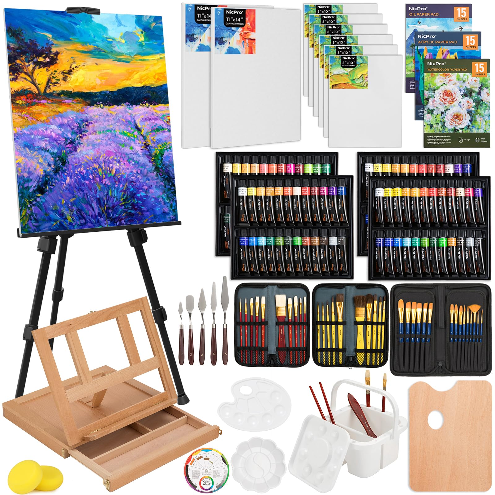 Nicpro 158PCS Deluxe Large Painting Kit with Metal and Solid Beech Wood Easel, Acrylic, Oil & Watercolour Paint Set, Paint Brushes, Canvases, Palette, Paper Pad, Professional Art Set for Adults Artist
