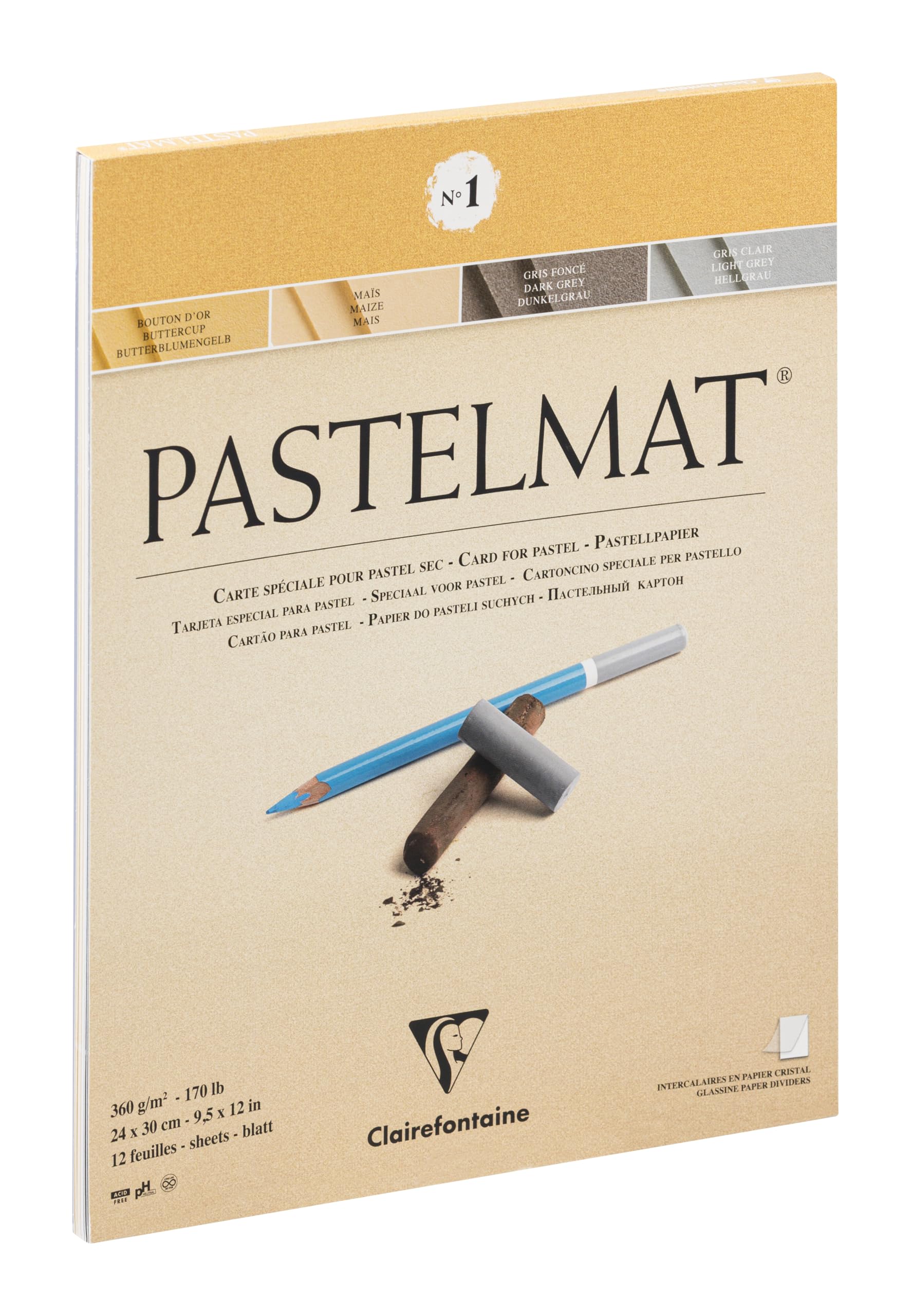 Clairefontaine - Ref 96017C - Pastelmat Pastel Card Pad No.1 (12 Sheets) - 360gsm Card - 24 x 30cm - Assorted Colours - Specially Formulated For Use With Pastels