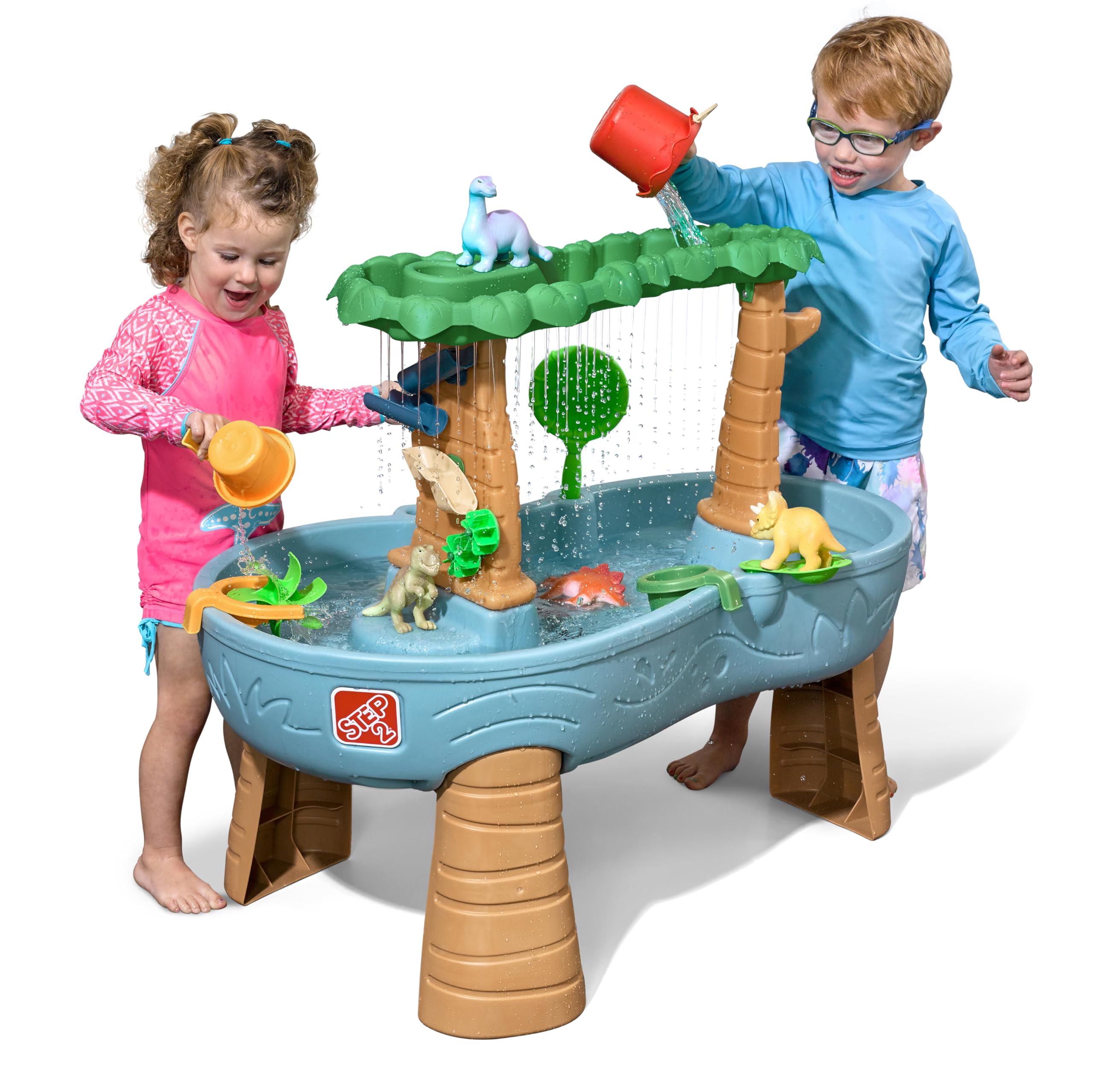 Step2 Dino Showers Mesa de Agua y Arena con 13 Accesorios, Azul y Marron, Juegos de Agua para ninos